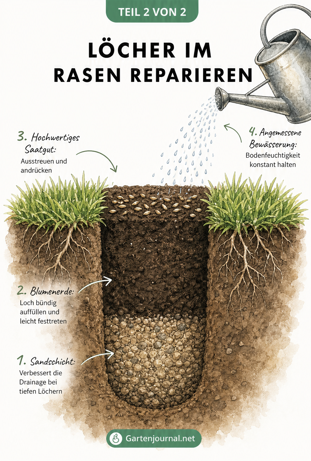 Querschnitt eines Rasenlochs, das in drei Schichten mit Sand, Blumenerde und Saatgut aufgefüllt wird