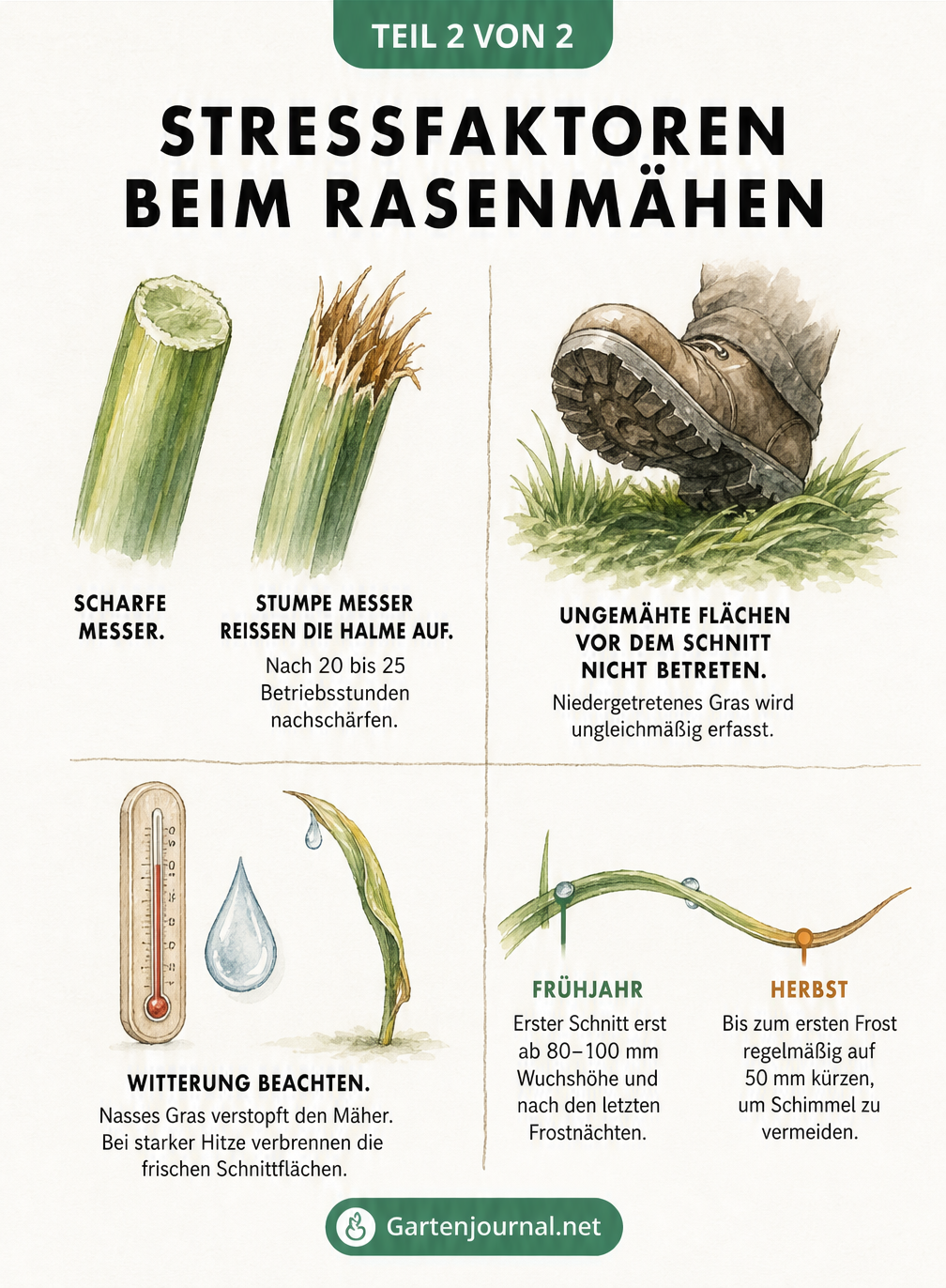 Detailansichten von Grashalmen, die durch stumpfe Messer, Trittschäden, Nässe und Hitze beim Mähen gestresst werden
