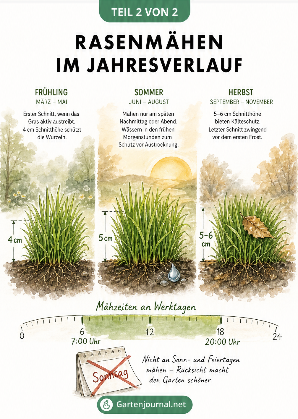 Drei Grasbüschel zeigen die ideale Schnitthöhe und Pflege für Rasen im Frühling, Sommer und Herbst