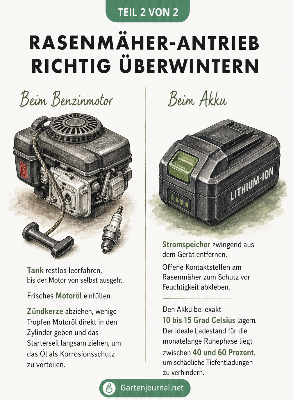 Detailzeichnung eines Benzin-Motorblocks und eines Lithium-Ionen-Akkus mit Überwinterungstipps