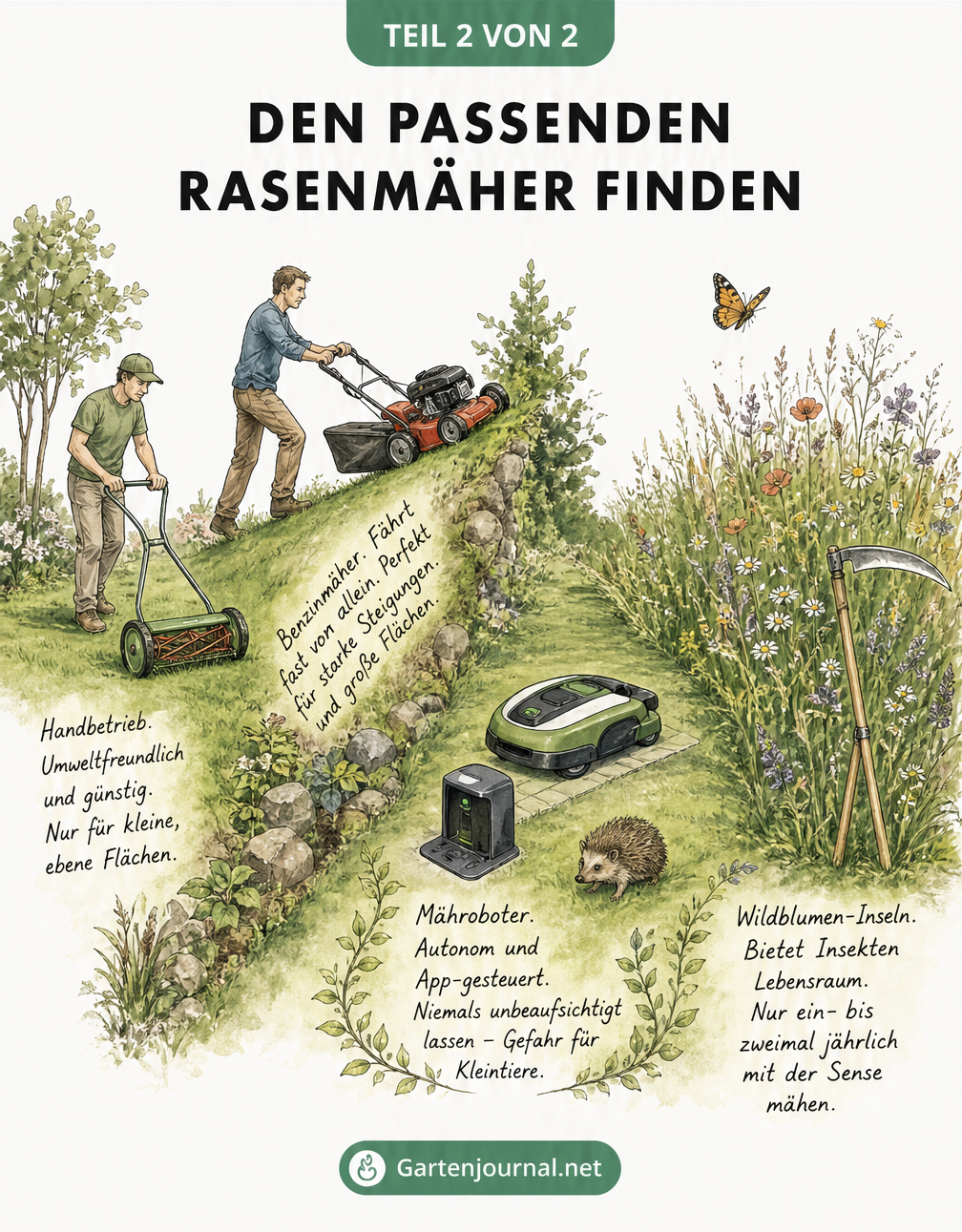 Querschnitt durch einen Garten mit Spindelmäher, Benzinmäher am Hang, Mähroboter und Sense für Wildblumen