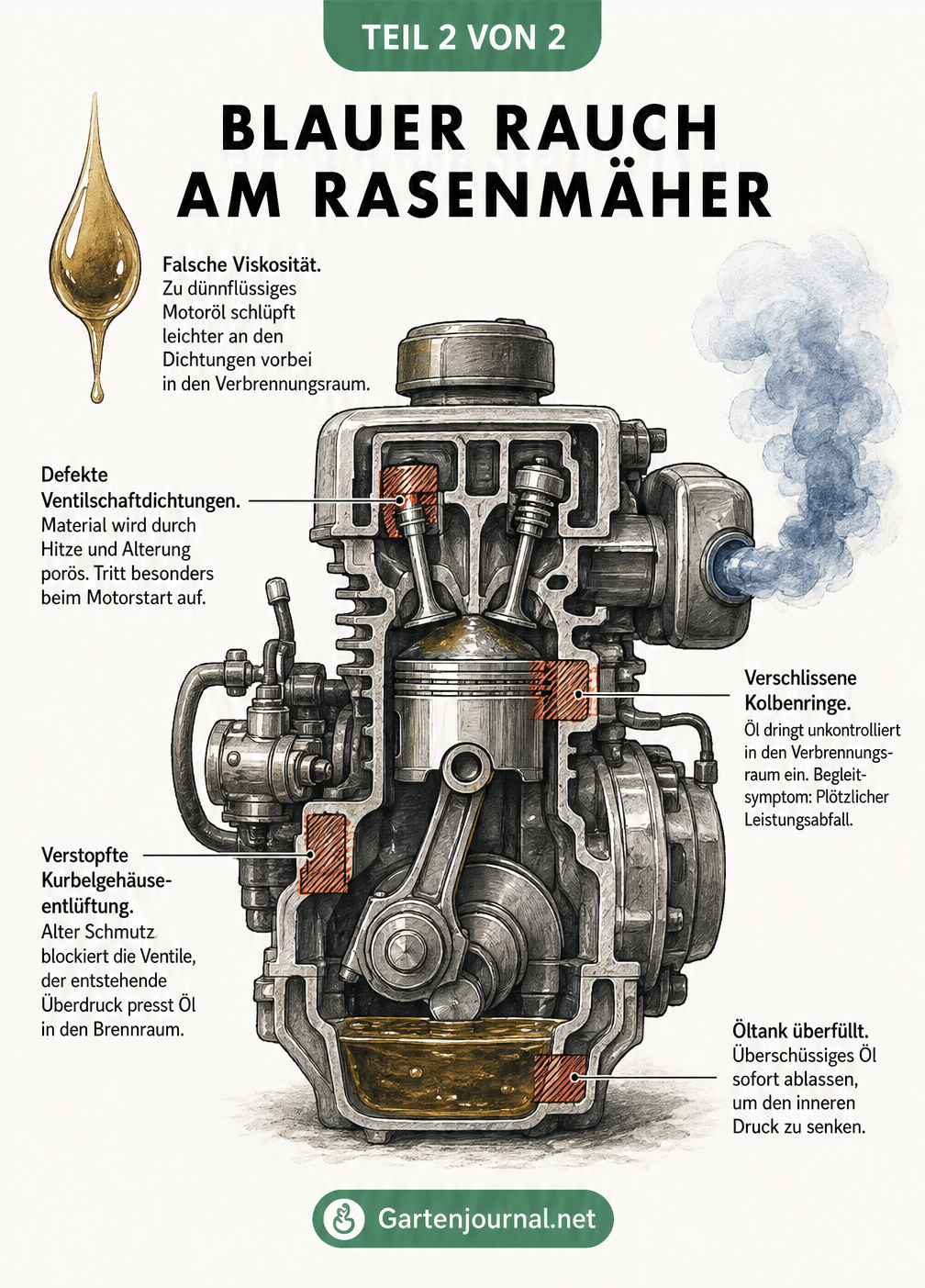 Querschnitt eines Rasenmäher-Motors mit blauem Rauch aus dem Auspuff und Markierungen an Problemzonen