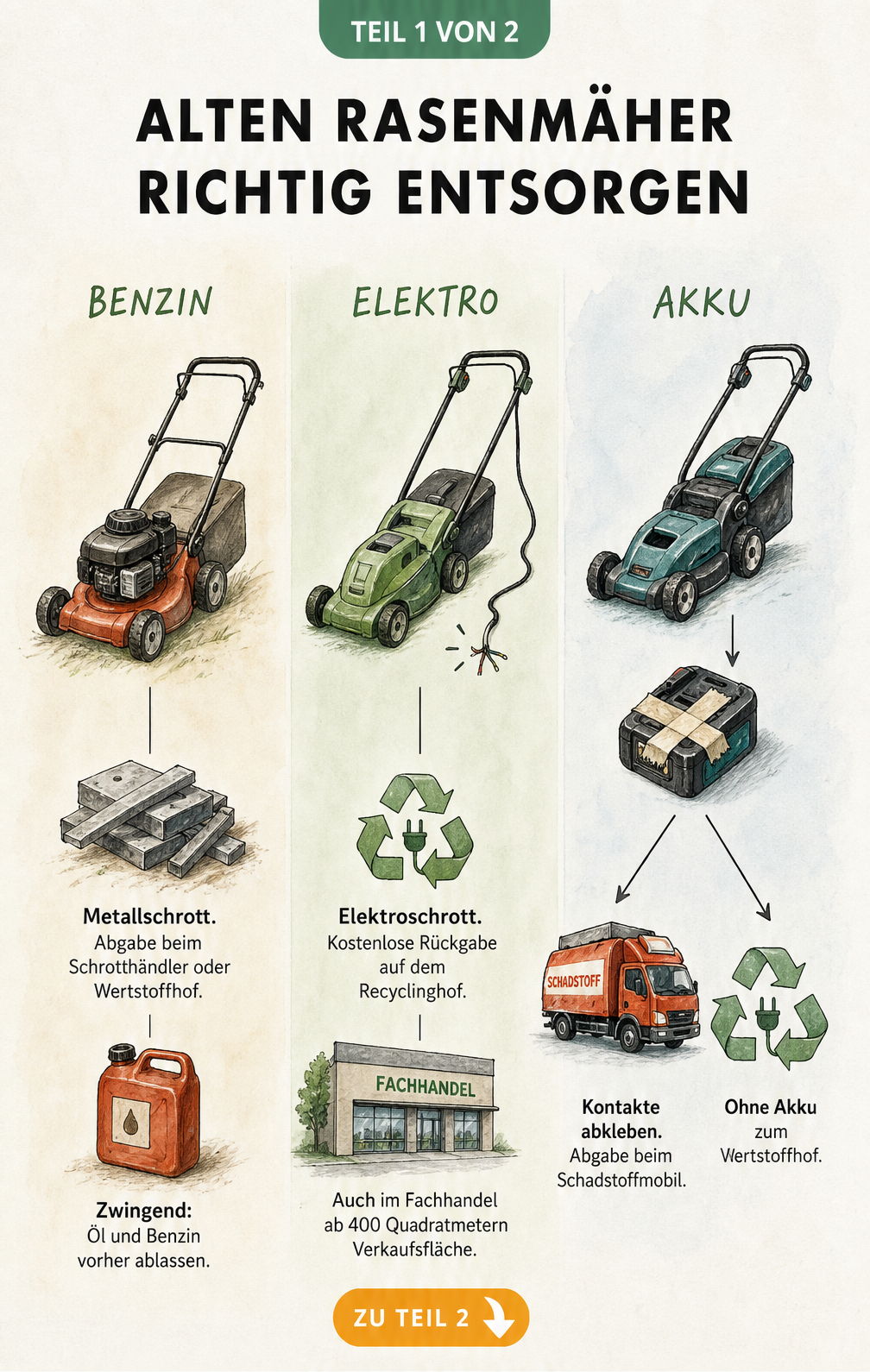 Illustration der Entsorgungswege für Benzin-, Elektro- und Akku-Rasenmäher