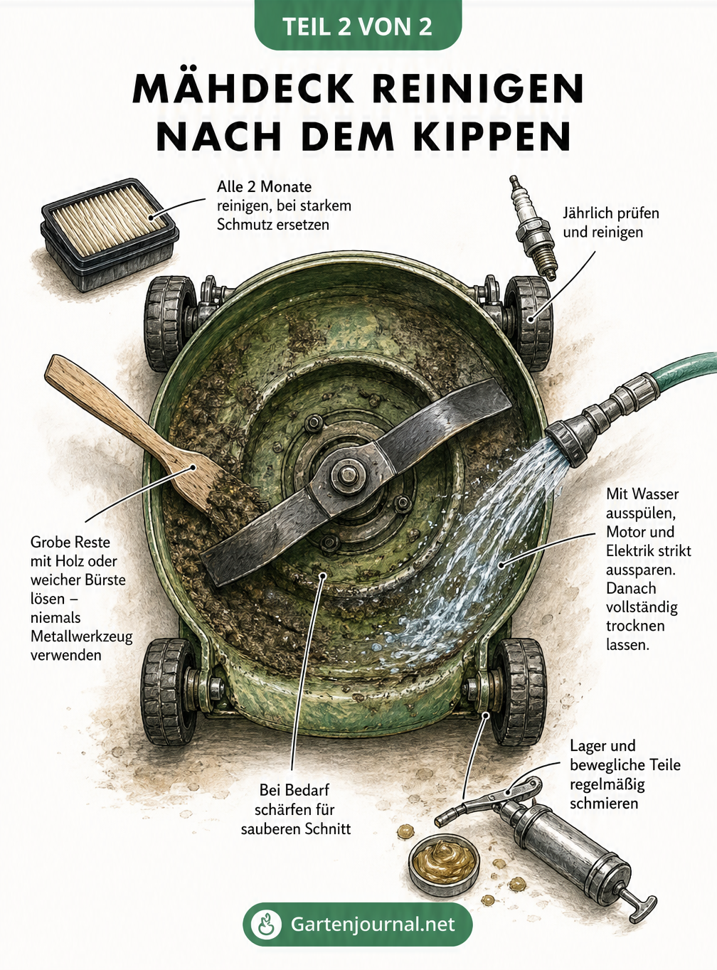 Aufsicht auf das Mähdeck eines Rasenmähers mit Hinweisen zur Reinigung und Wartung