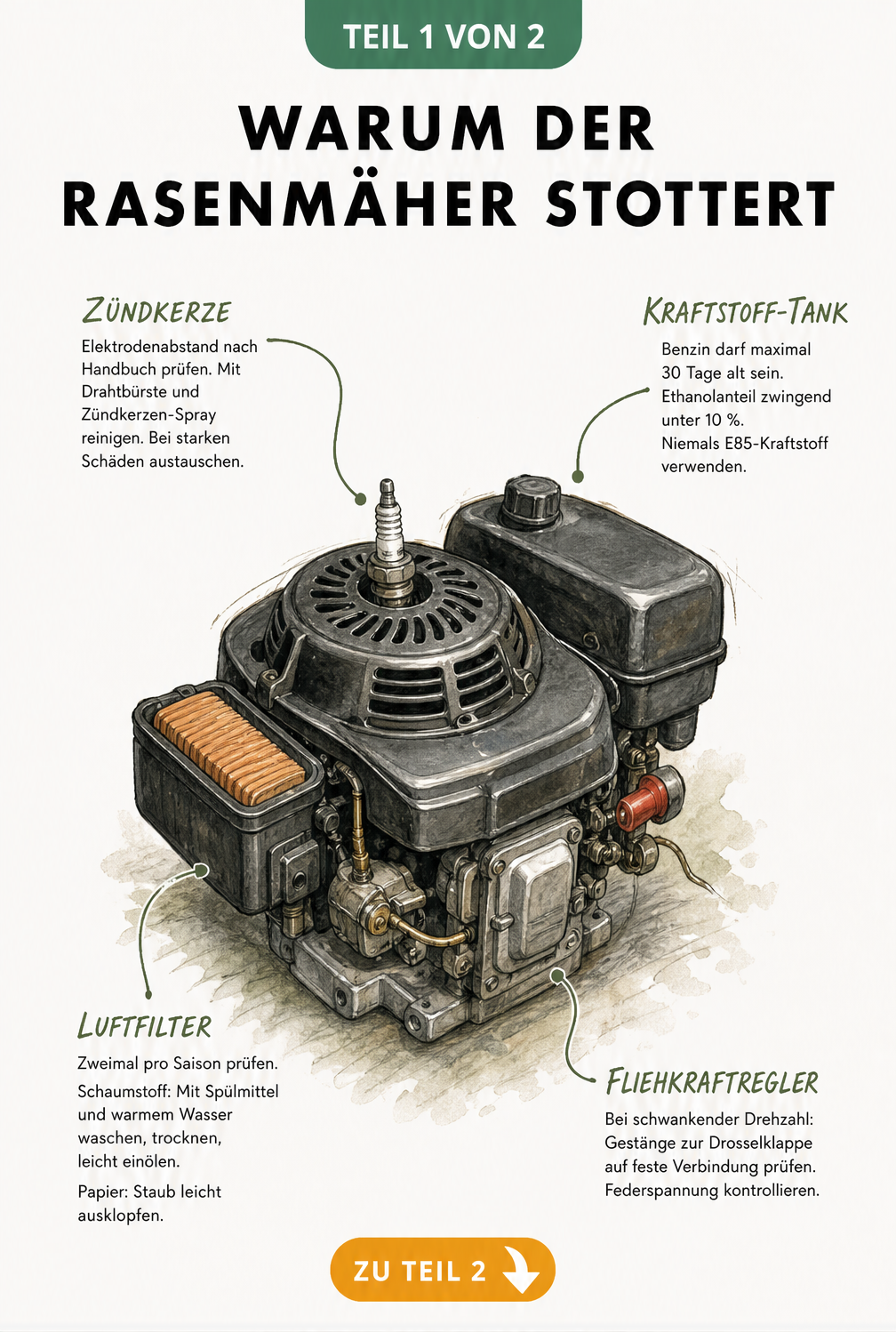 Illustration eines Benzin-Rasenmäher-Motorblocks mit Hinweisen zu Zündkerze, Luftfilter, Kraftstoff-Tank und Fliehkraftregler