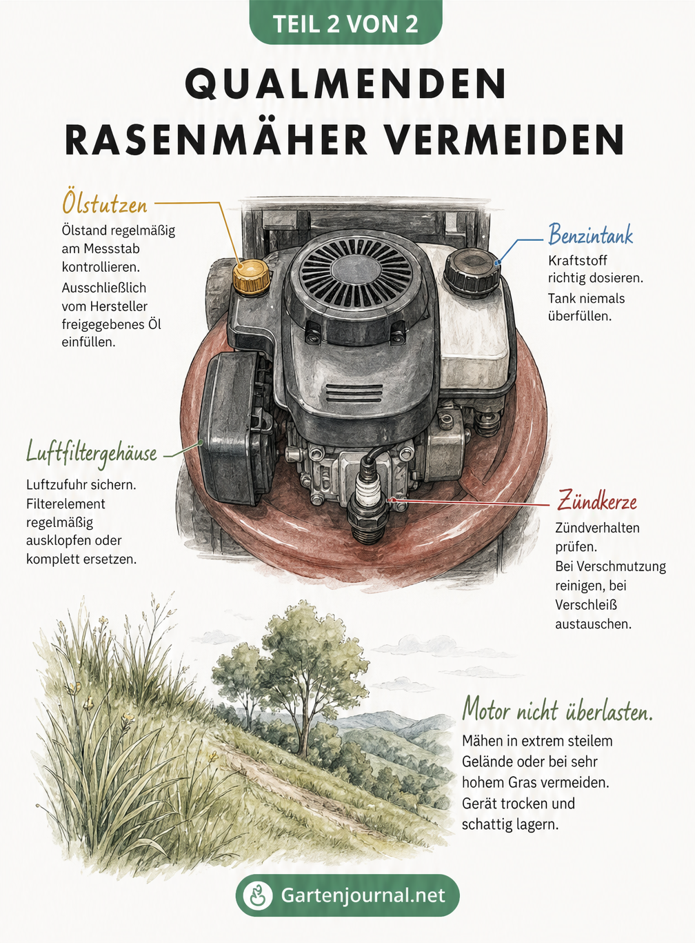 Skizze eines Rasenmäher-Motorblocks mit Hinweisen zur Wartung von Öl, Luftfilter, Zündkerze und Benzintank