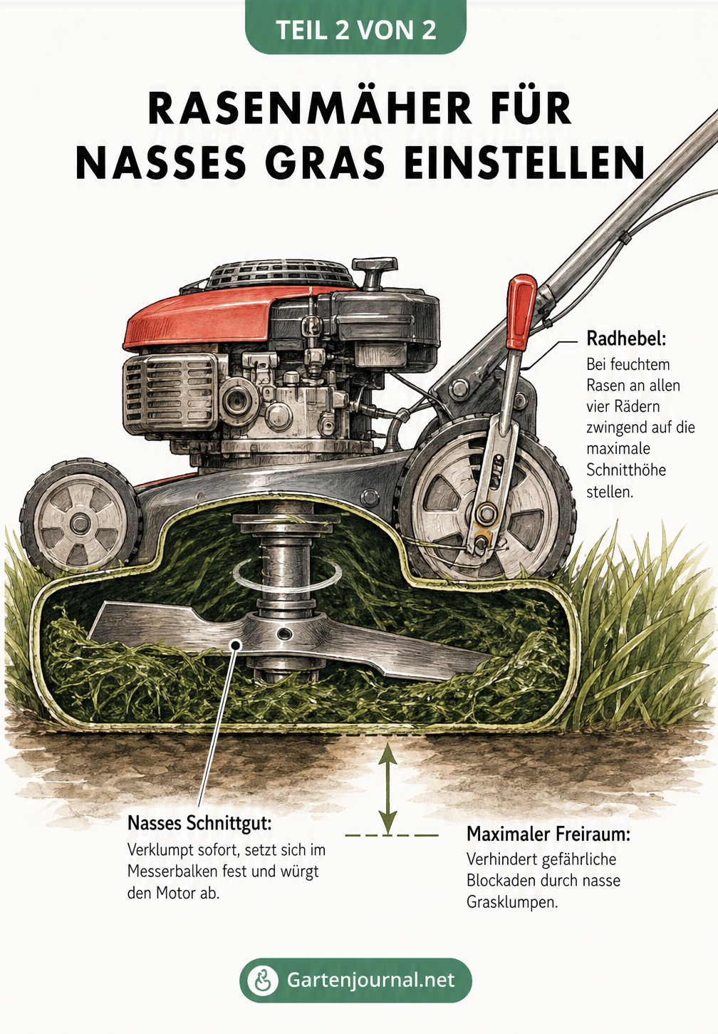 Schnittzeichnung eines Rasenmähers auf nassem Gras mit Fokus auf Schnitthöhe und Radhebel