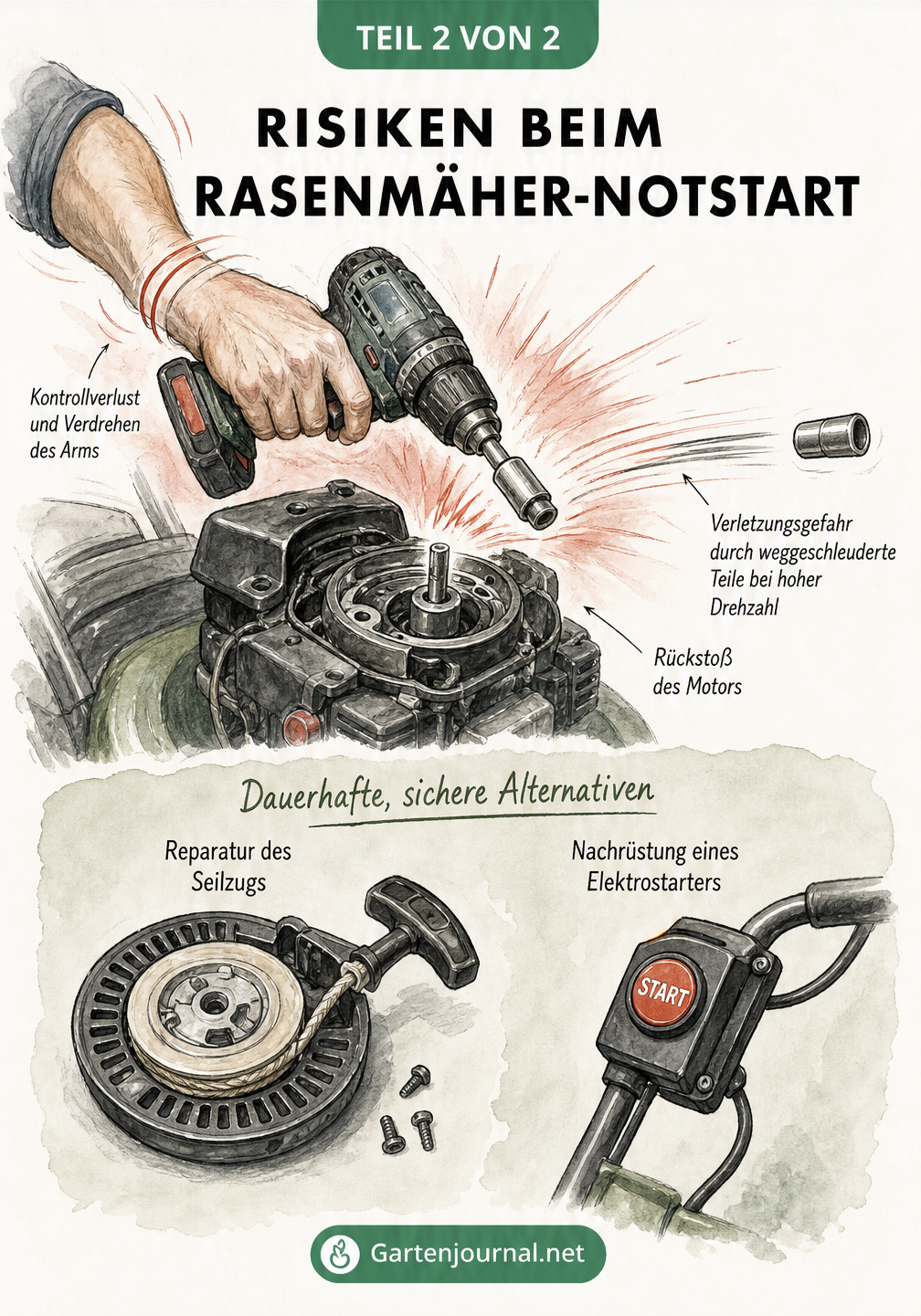 Gegenüberstellung der Gefahren beim Notstart eines Rasenmähers mit Bohrmaschine und sicheren Alternativen wie Reparatur oder Elektrostarter