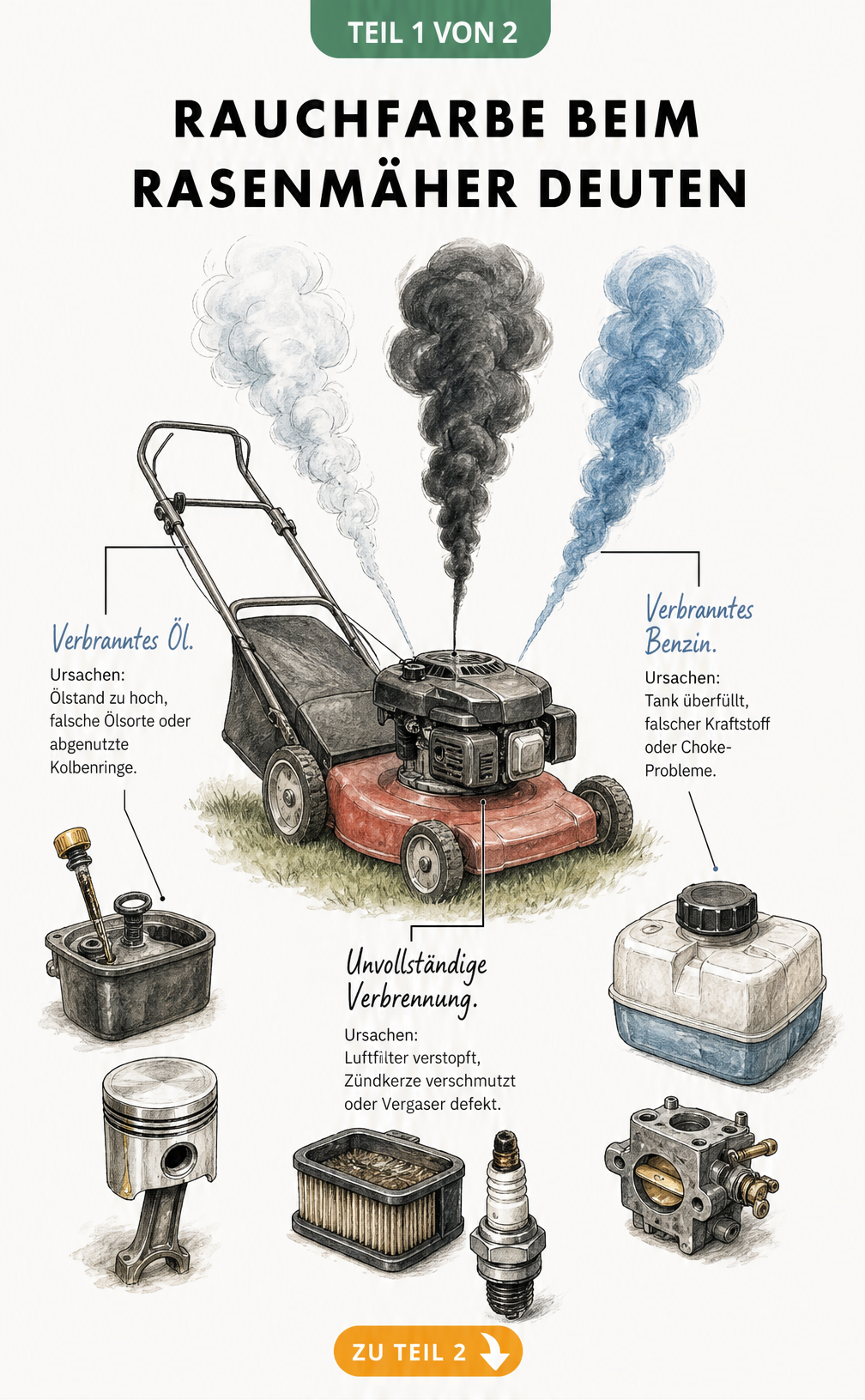 Illustration eines Benzin-Rasenmähers mit weißem, schwarzem und blauem Rauch aus dem Auspuff und Erklärungen zu den Ursachen