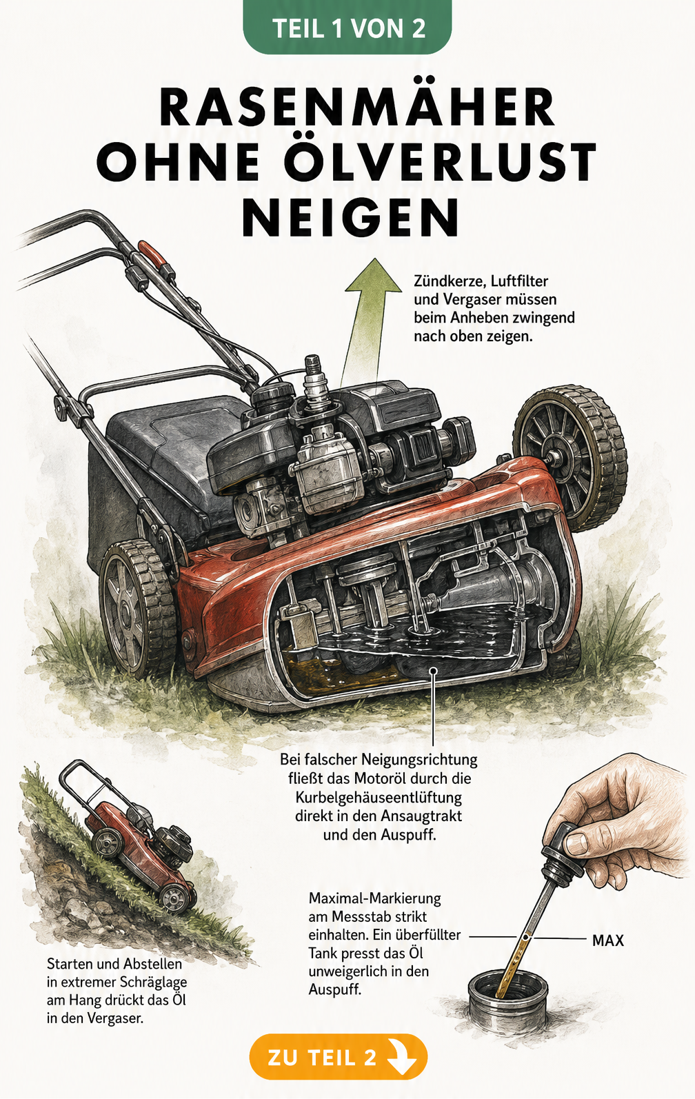 Illustration eines gekippten Rasenmähers mit Schnittansicht des Motors und Hinweisen zur korrekten Neigung