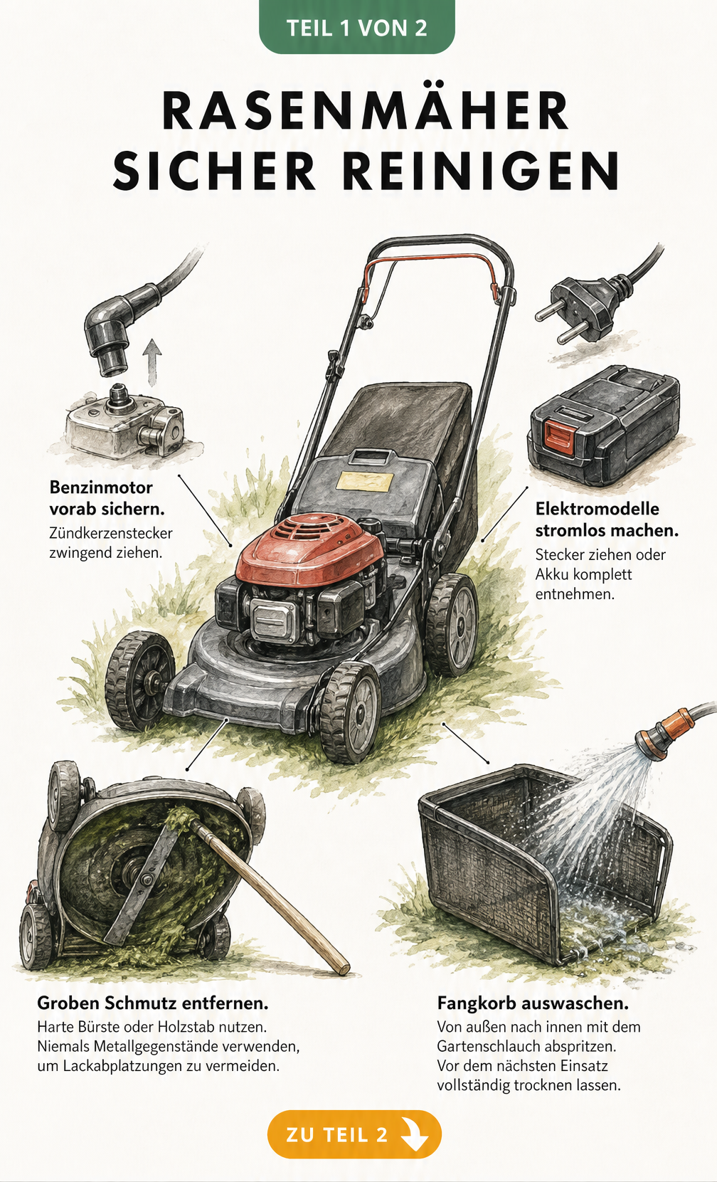 Illustration eines Rasenmähers mit Hinweisen zur sicheren Reinigung von Mähdeck und Fangkorb sowie zum Trennen der Stromzufuhr