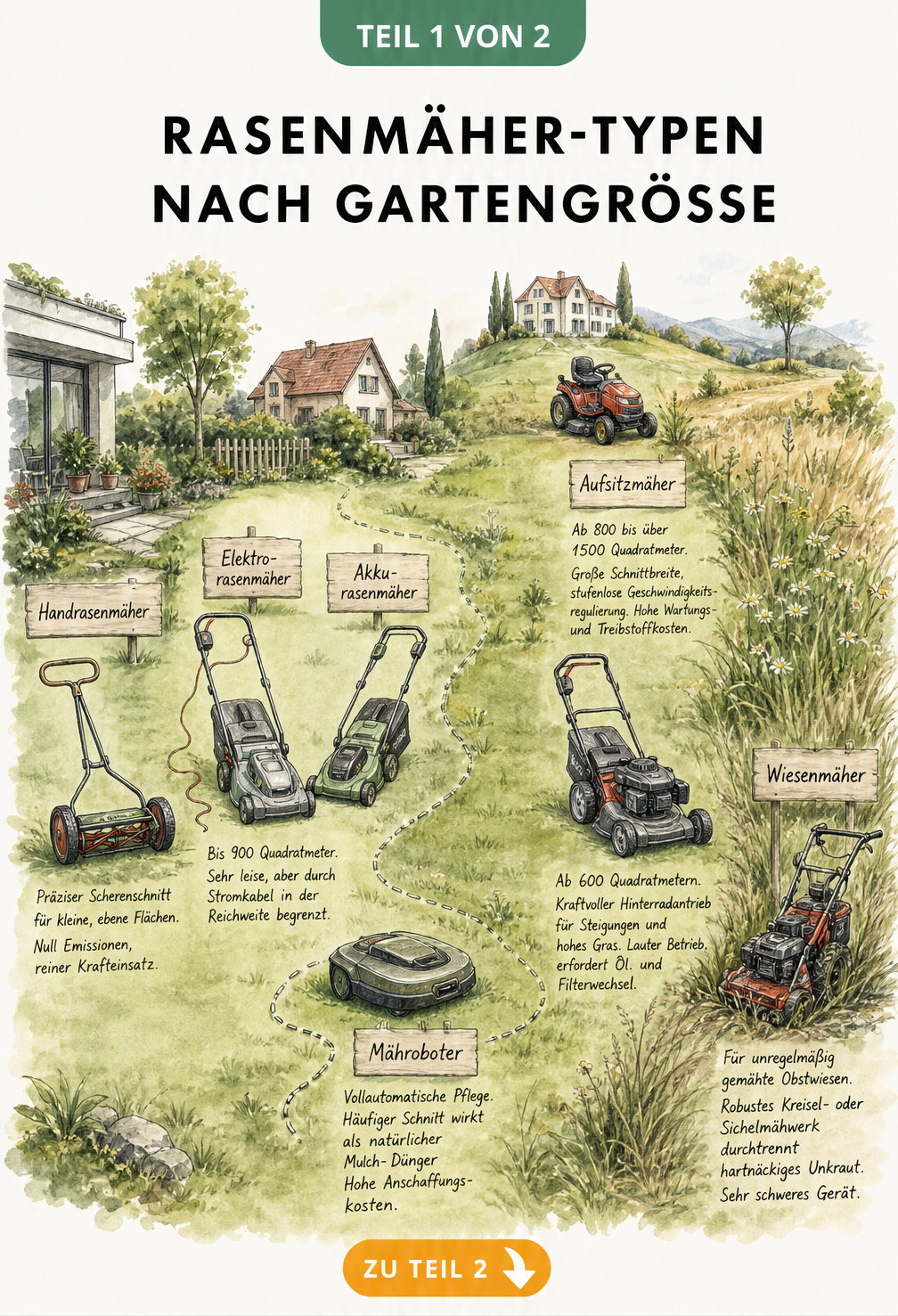 Aquarell-Zeichnung verschiedener Rasenmäher-Typen passend zur Gartengröße, vom Handmäher bis zum Wiesenmäher