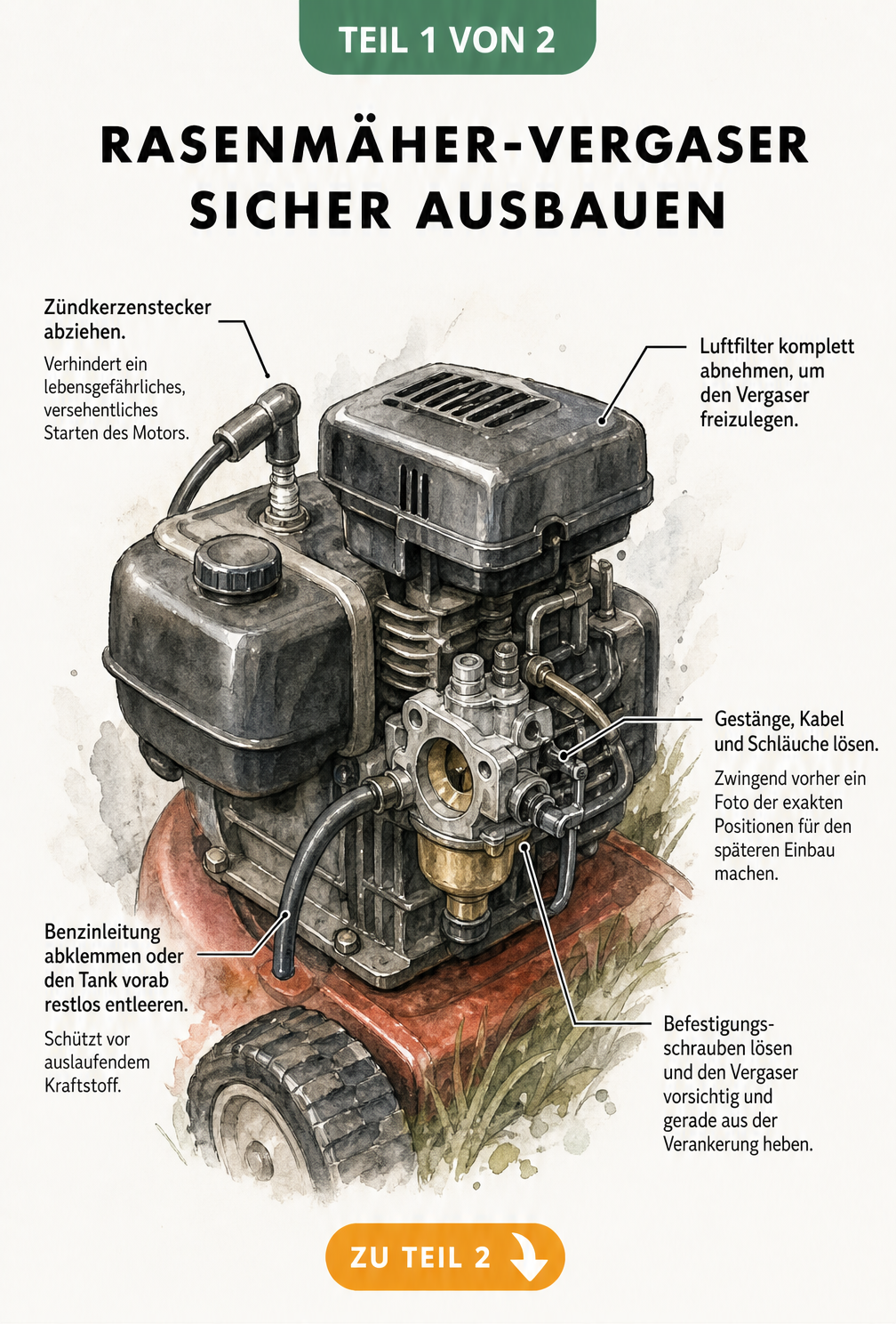 Technische Illustration eines Rasenmäher-Motorblocks mit aufgesetztem Vergaser und Hinweisen zum sicheren Ausbau