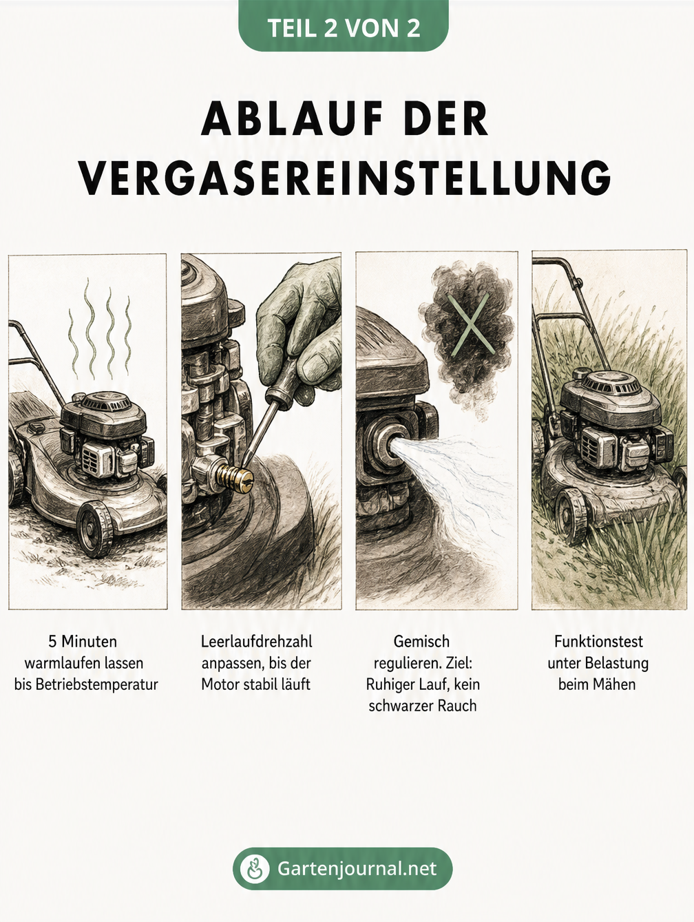 Vier Schritte zur Vergasereinstellung: Warmlaufen, Leerlauf anpassen, Gemisch regulieren und Funktionstest