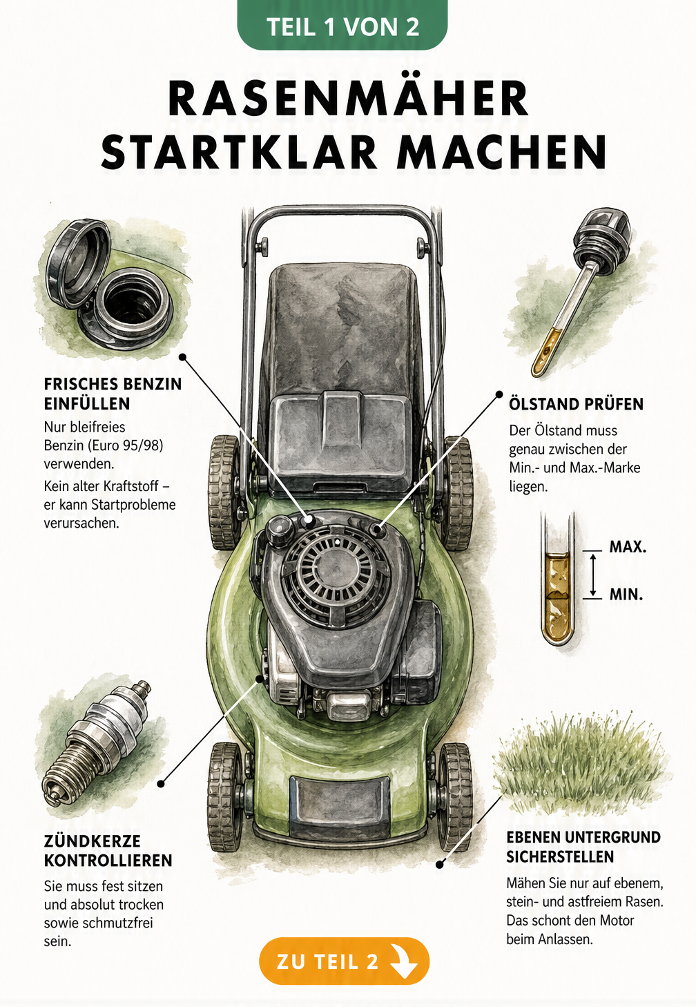 Handgezeichnete Skizze eines Benzin-Rasenmähers mit Hinweisen zu Tank, Ölstand, Zündkerze und Untergrund