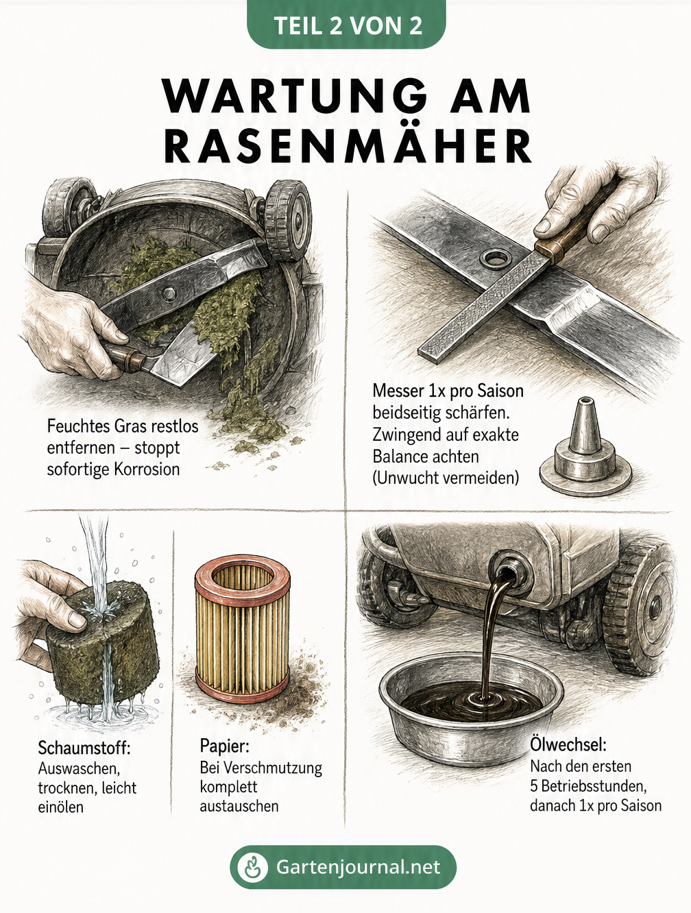Illustration zur Rasenmäher-Wartung: Grasreste entfernen, Messer schärfen, Luftfilter reinigen und Ölwechsel durchführen