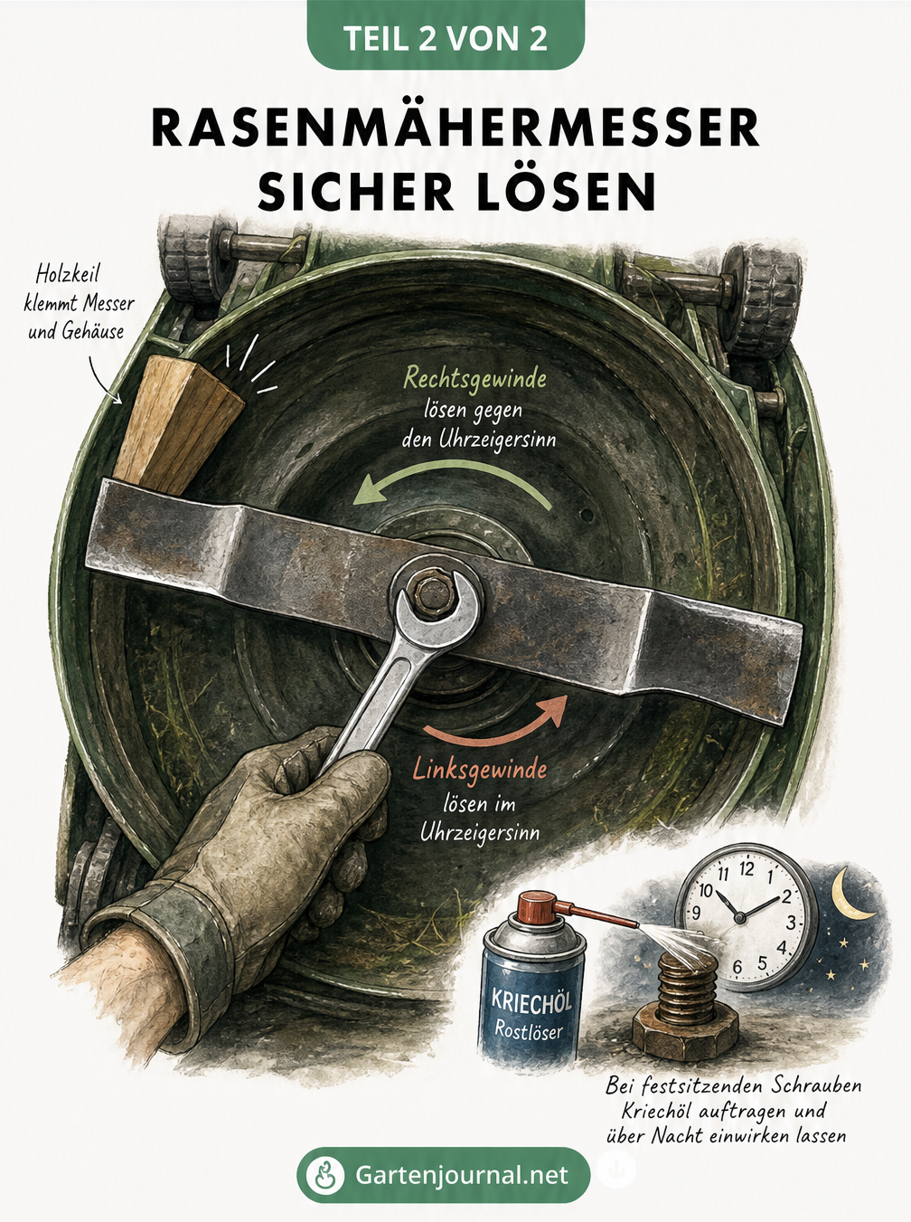 Illustration zum Lösen des Rasenmähermessers: Ein Holzkeil blockiert das Messer im Gehäuse, während ein Schraubenschlüssel die zentrale Befestigungsschraube...