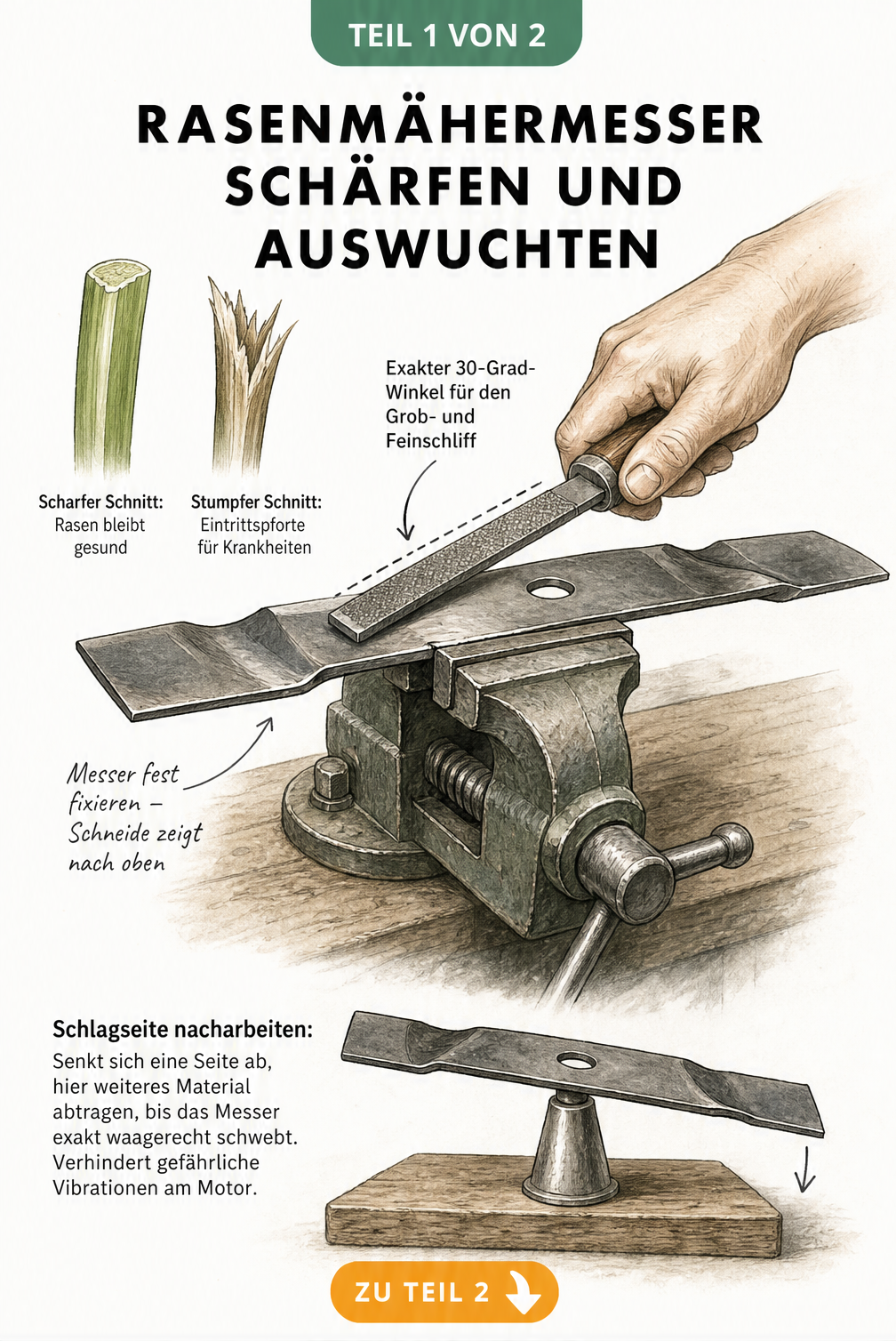 Illustration eines Rasenmähermessers im Schraubstock, das mit einer Flachfeile im 30-Grad-Winkel geschärft wird, sowie das Auswuchten auf einem Kegel.