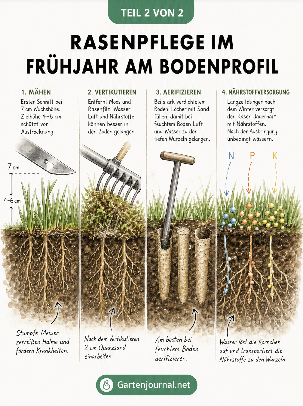 Querschnitt durch den Rasen zeigt die Auswirkungen von Mähen, Vertikutieren, Aerifizieren und Düngen auf Boden und Wurzeln