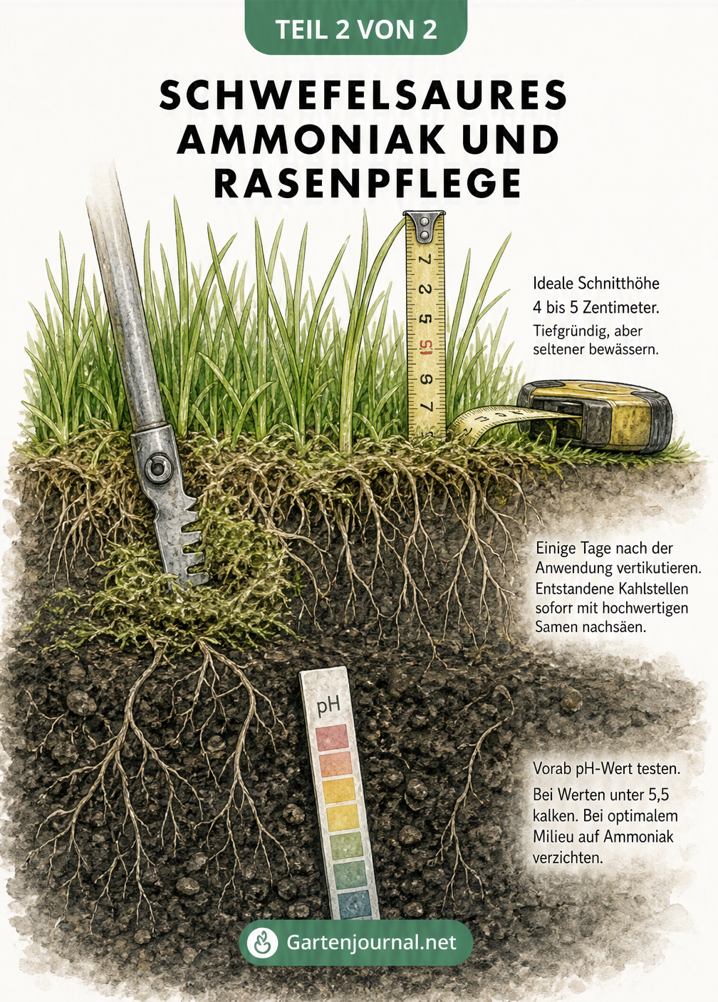 Querschnitt eines Rasens mit pH-Teststreifen im Boden, Vertikutier-Klinge an der Oberfläche und Maßband an den Grasspitzen