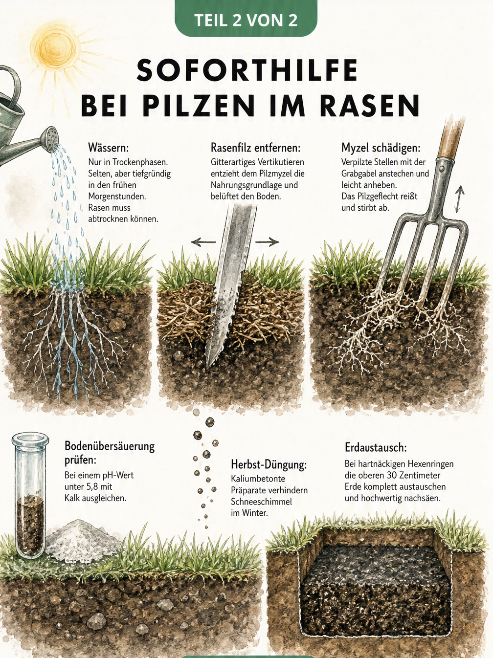 Skizze zur Rasenpflege bei Pilzbefall mit Maßnahmen wie Wässern, Vertikutieren, Myzel schädigen und Bodenübersäuerung prüfen