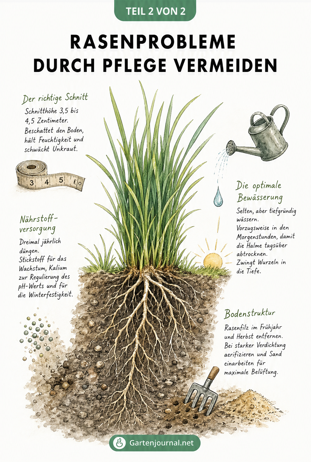 Gesunde Graspflanze mit tiefem Wurzelwerk und Tipps zur Rasenpflege wie Schnitt, Bewässerung und Düngung