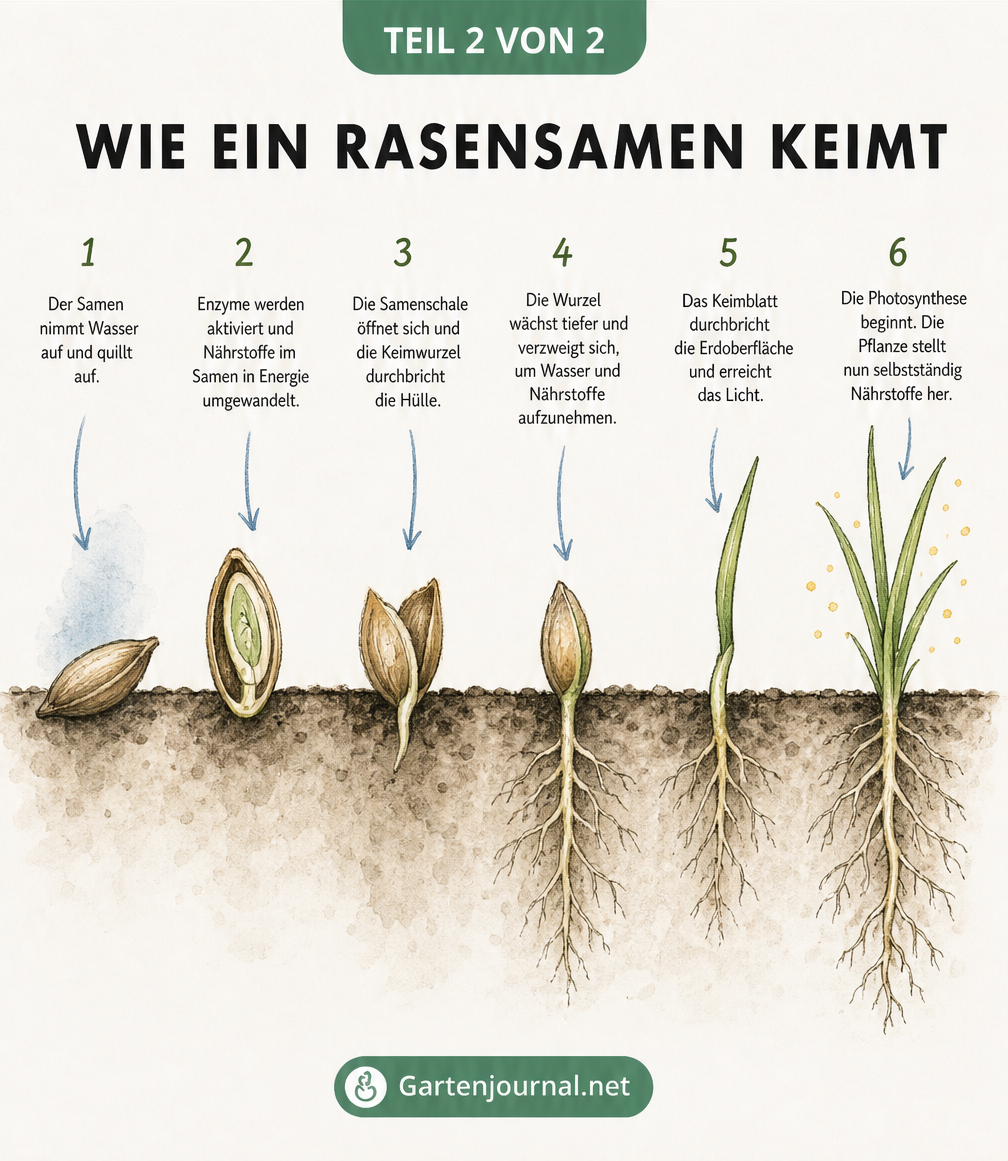 Zeichnung der sechs Entwicklungsstadien eines Rasensamens, von der Wasseraufnahme über das Aufbrechen der Samenschale bis hin zur Bildung von Keimwurzel und...