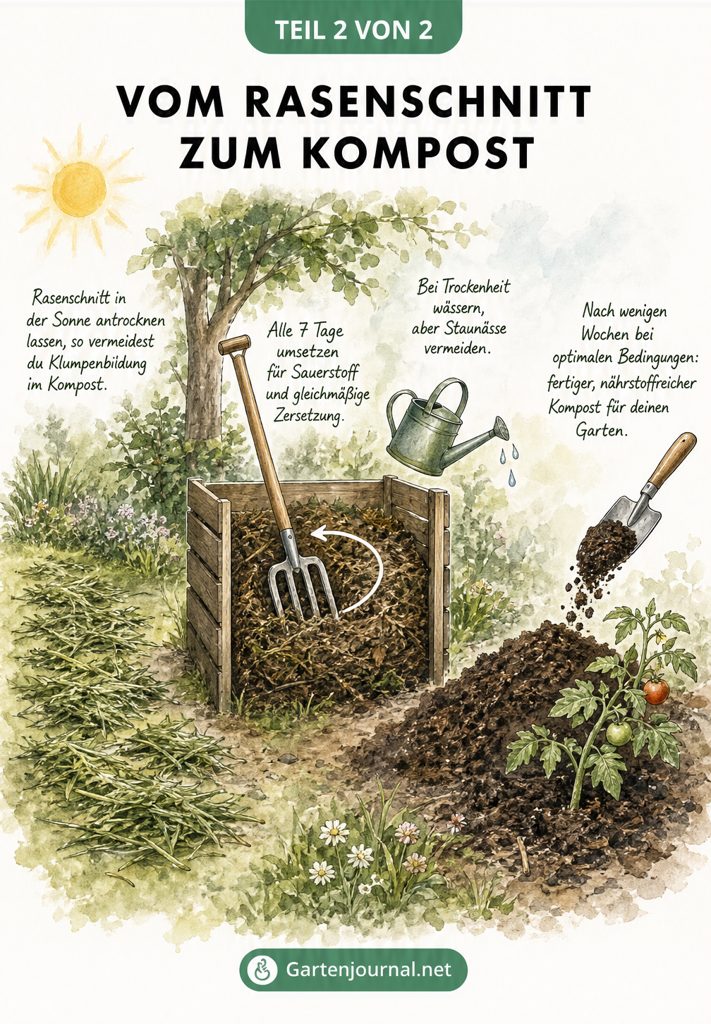Ablauf der Kompostierung von frisch gemähtem Rasen über das Wenden im Komposter bis zur fertigen Erde