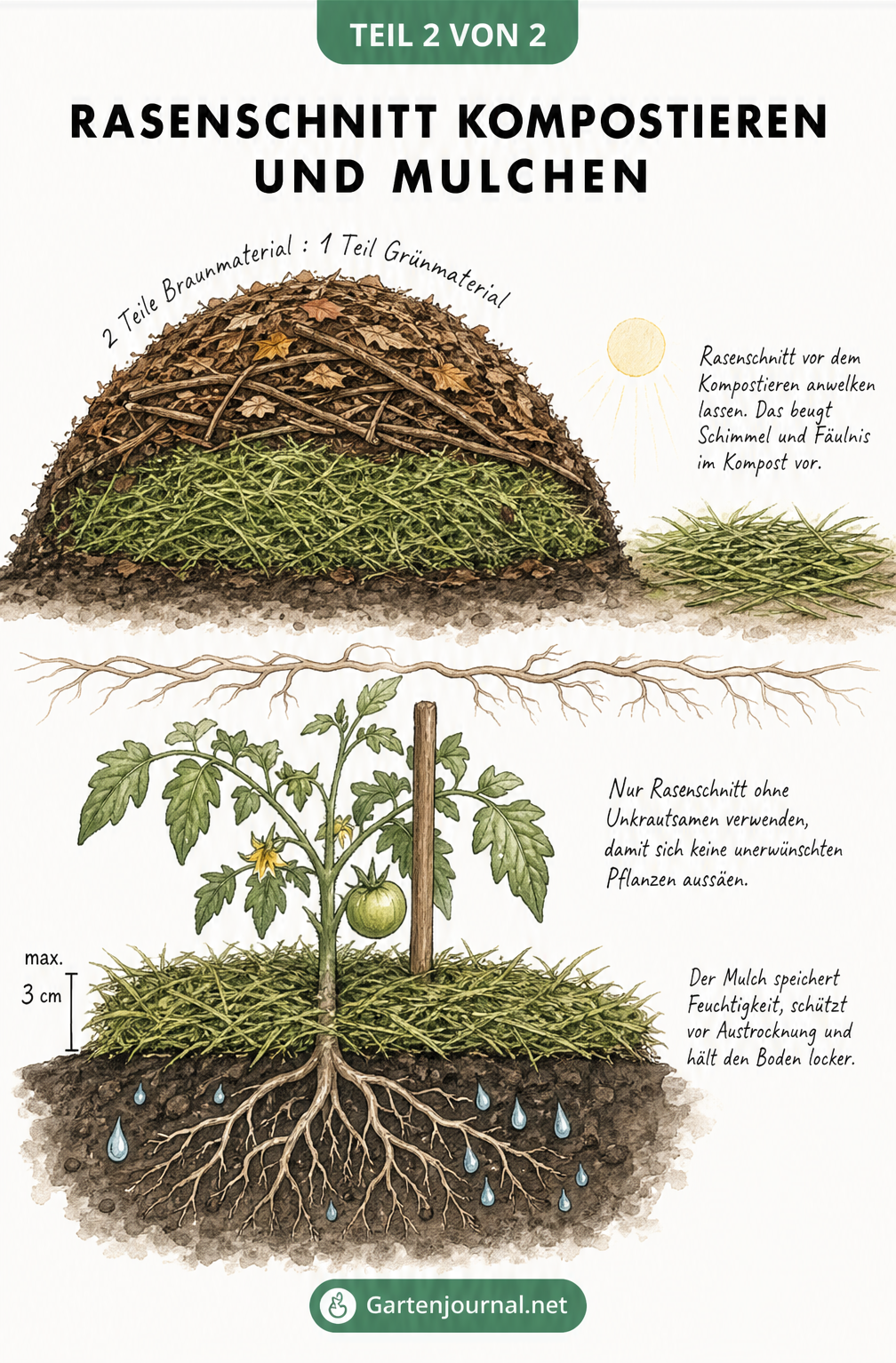 Querschnitt-Zeichnung eines Komposthaufens mit Schichten aus Rasenschnitt und Ästen sowie eines gemulchten Gartenbeets