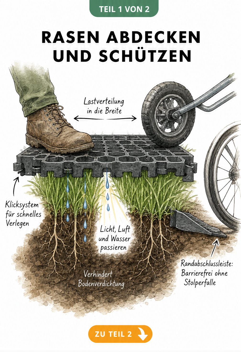 Querschnitt durch Rasen mit Rasenschutzplatte, die Gewicht ableitet und Licht, Luft sowie Wasser durchlässt