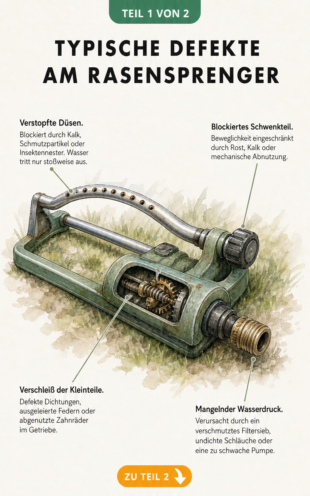 Illustration eines Viereckregners mit Markierungen für typische Defekte wie verstopfte Düsen, blockiertes Schwenkteil, Verschleiß im Gehäuse und mangelnden...