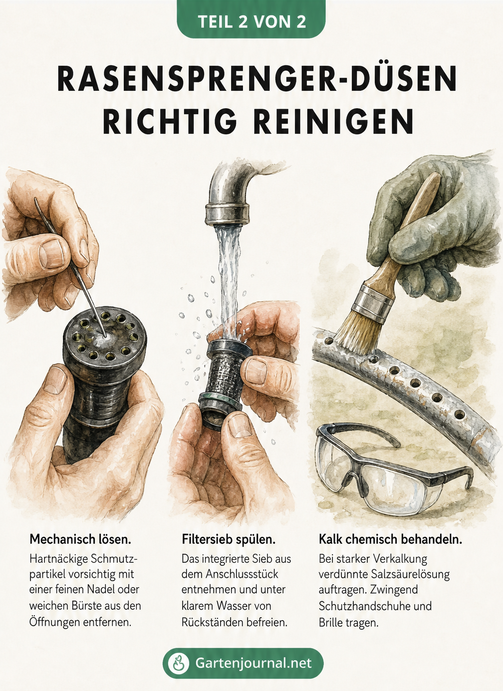 Drei Illustrationen zur Reinigung von Rasensprenger-Düsen: Mechanisches Lösen mit Nadel, Spülen des Filtersiebs und chemische Behandlung mit Pinsel