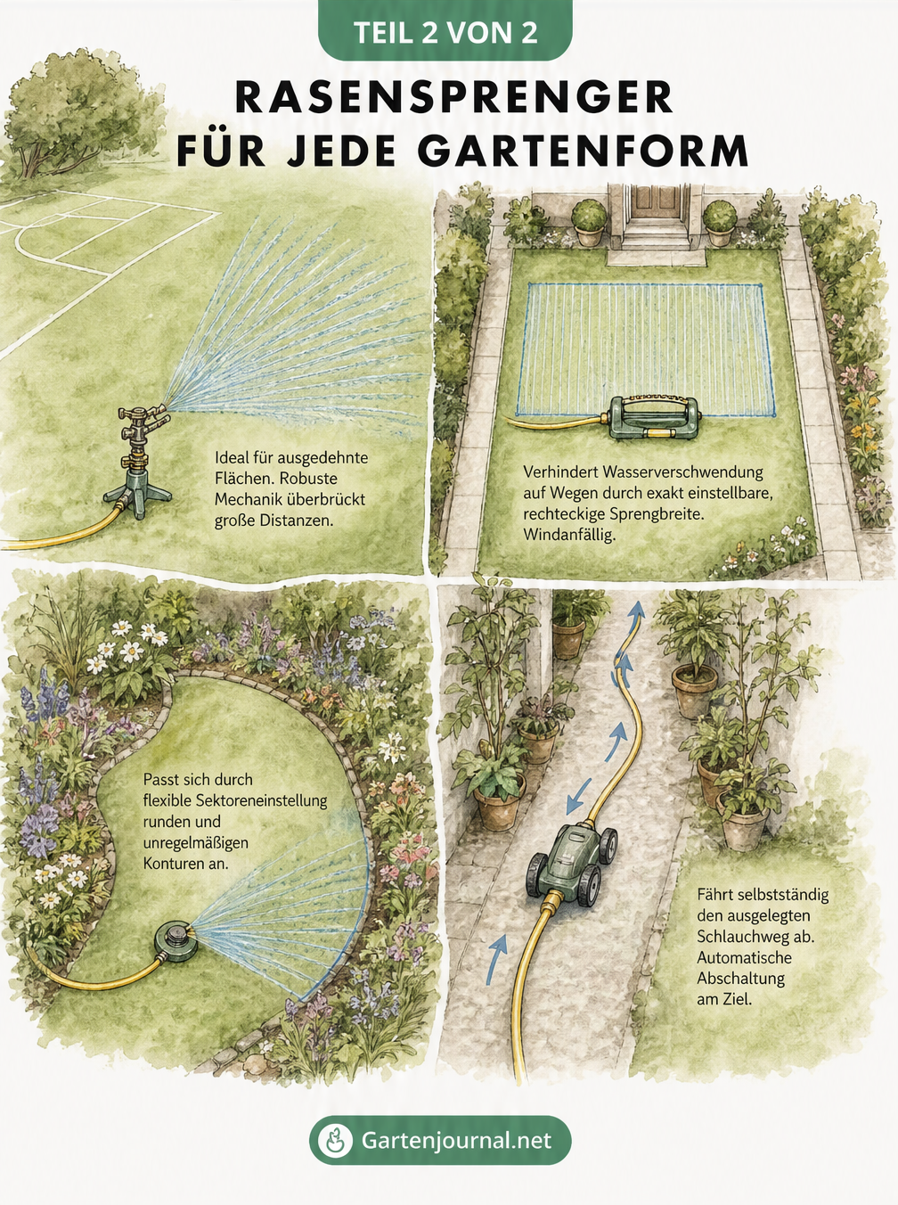 Gartenplan aus der Vogelperspektive mit passenden Rasensprengern für verschiedene Zonen