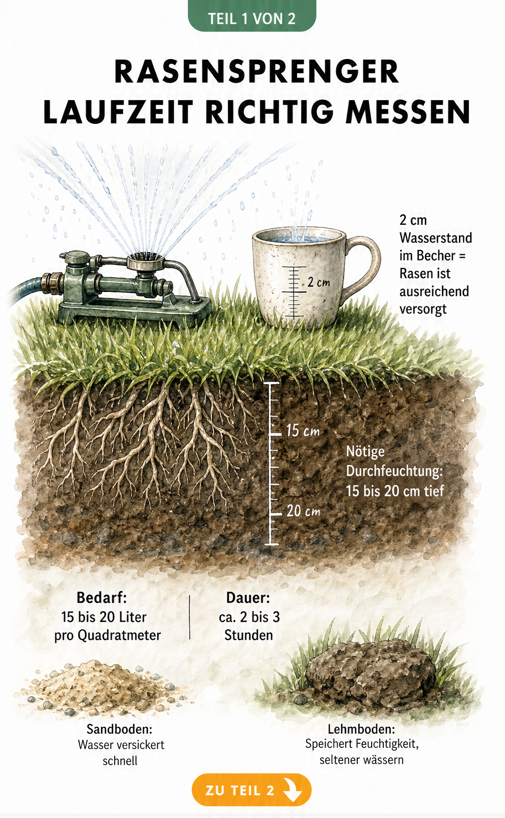 Illustration eines Rasen-Querschnitts mit Viereckregner, Kaffeebecher zur Messung der Wassermenge und Wurzelwerk im Erdreich.