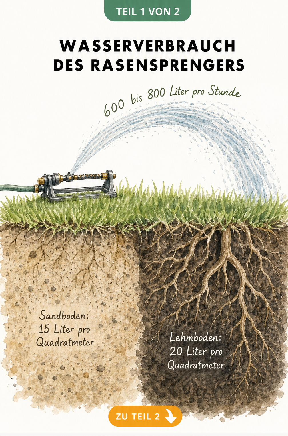 Querschnitt-Darstellung eines Rasens mit Viereckregner, der 600 bis 800 Liter pro Stunde verbraucht, sowie Wasserbedarf für Sandboden und Lehmboden.
