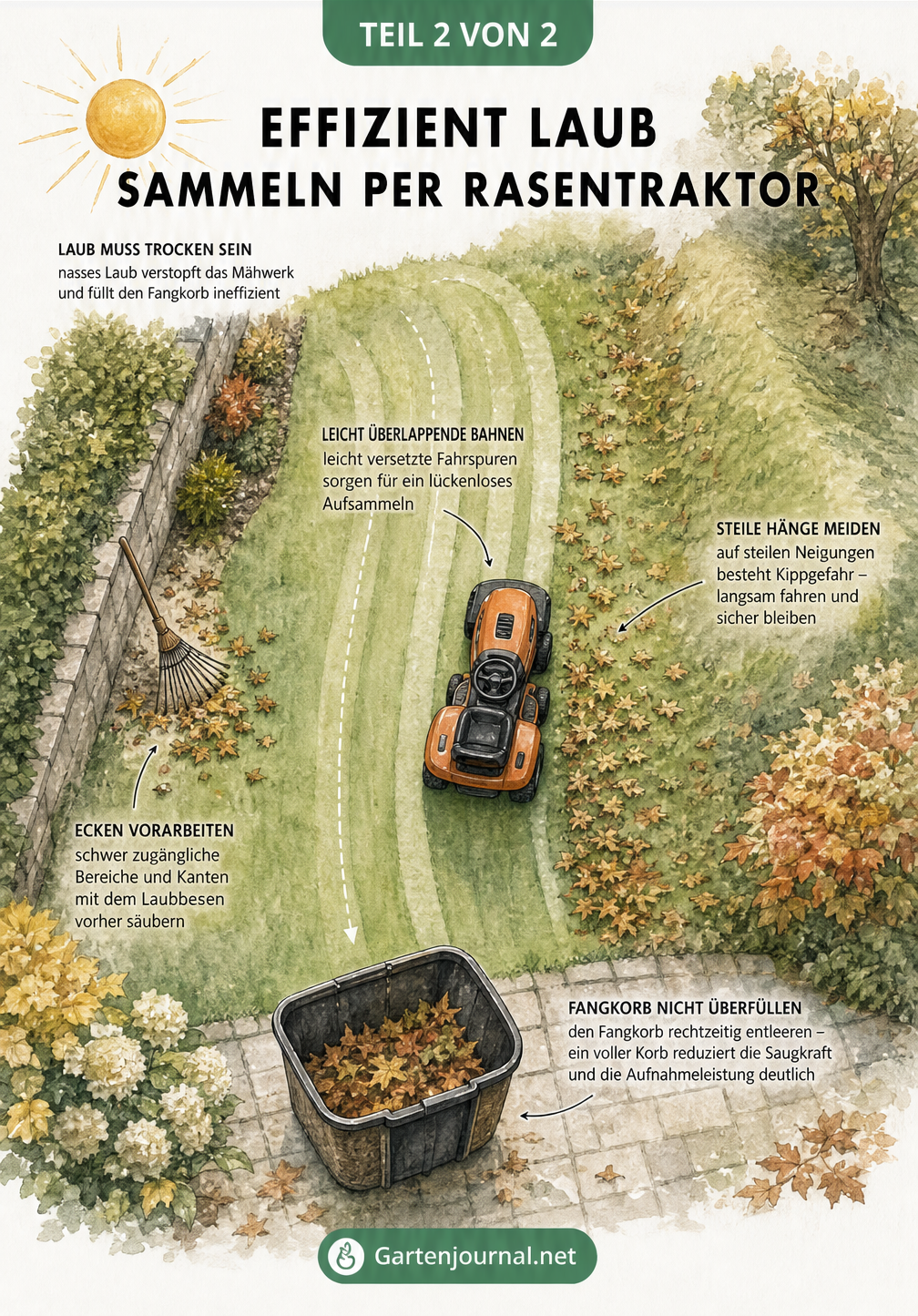 Aufsicht auf eine Gartenlandschaft, die den optimalen Fahrweg eines Rasentraktors beim Laubsammeln zeigt.