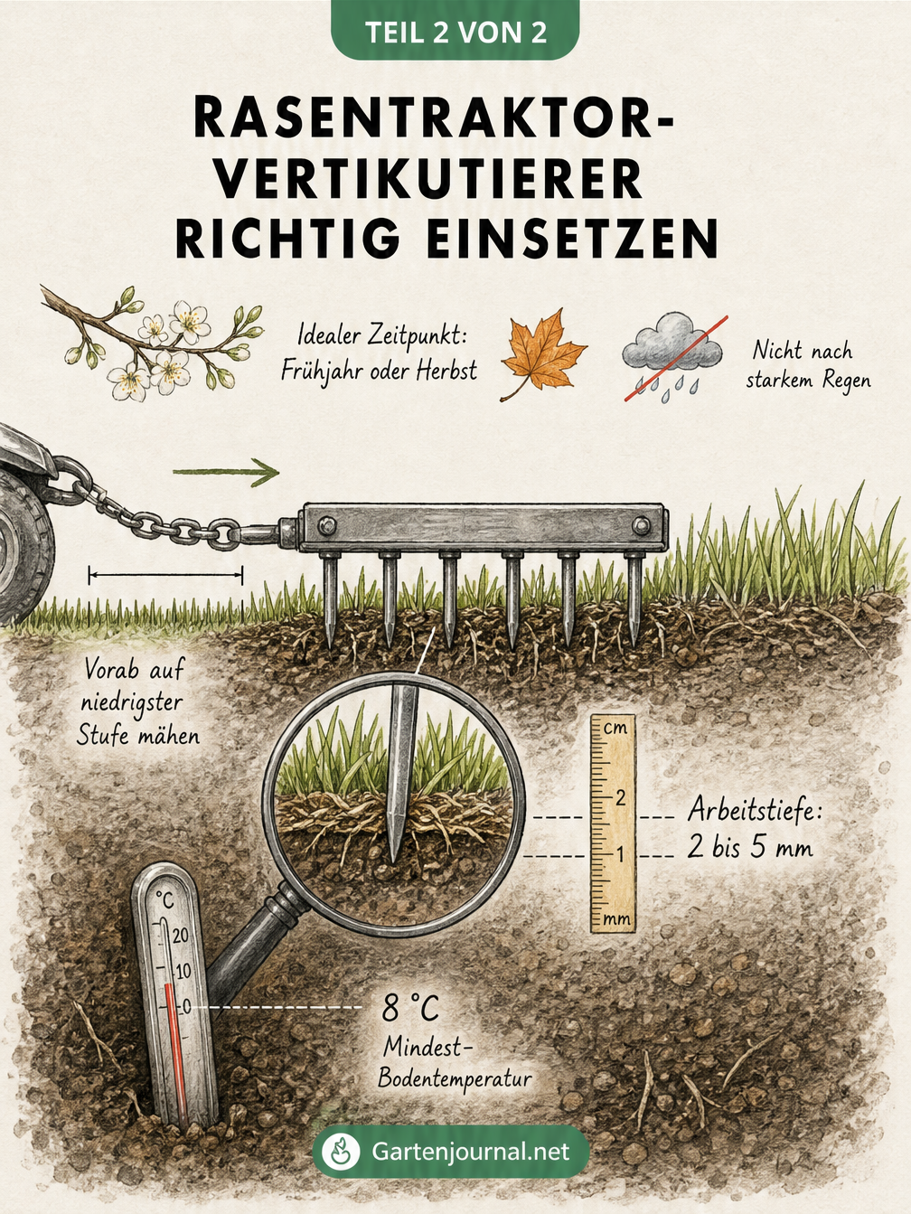 Schnittzeichnung eines Rasens, die zeigt, wie ein Vertikutierer bei 2 bis 5 mm Arbeitstiefe und mindestens 8 Grad Bodentemperatur eingesetzt wird.