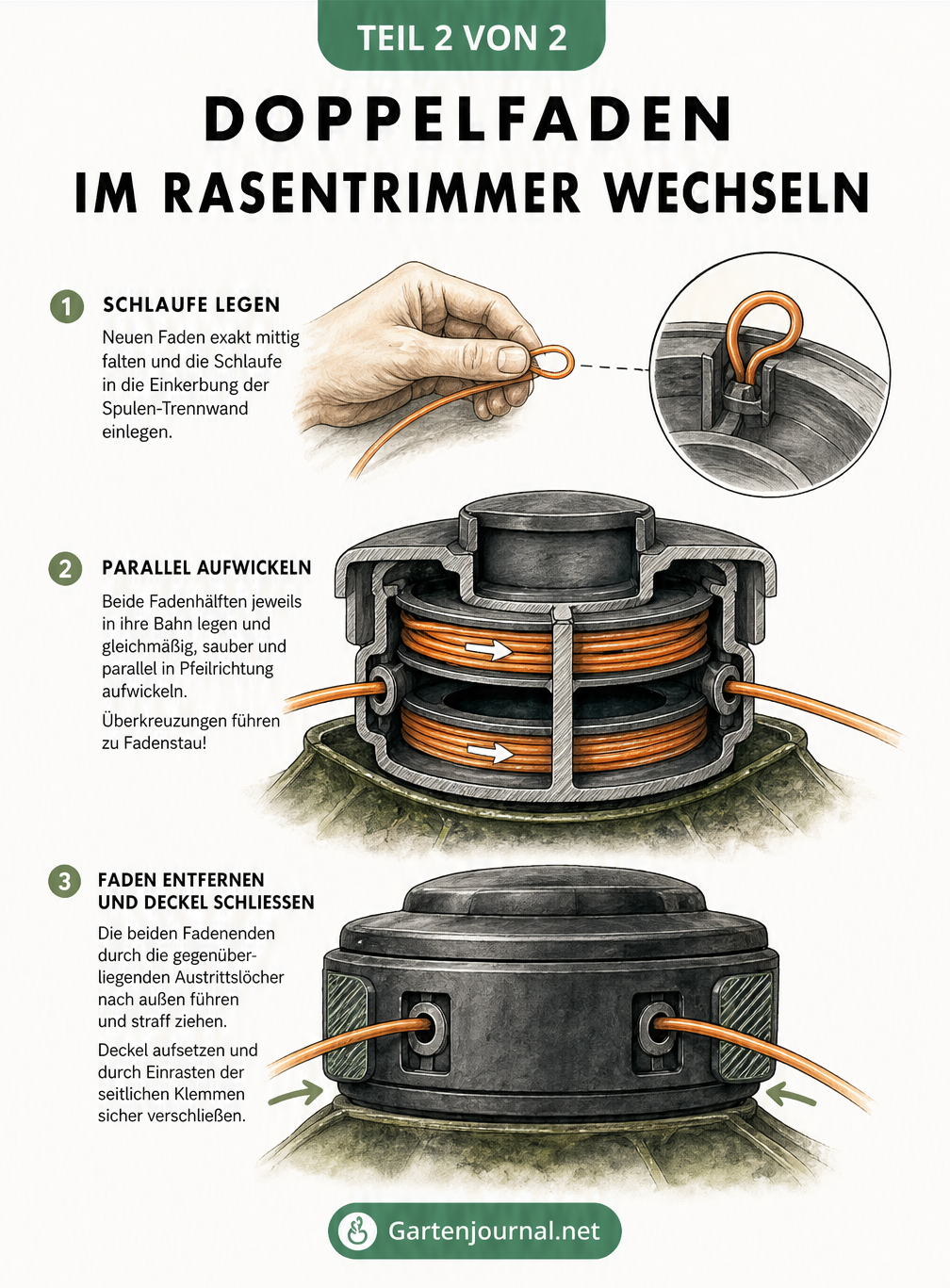 Schnittzeichnung eines Tap-and-Go-2-Fadenkopfs mit Anleitung zum Einlegen des Doppelfadens