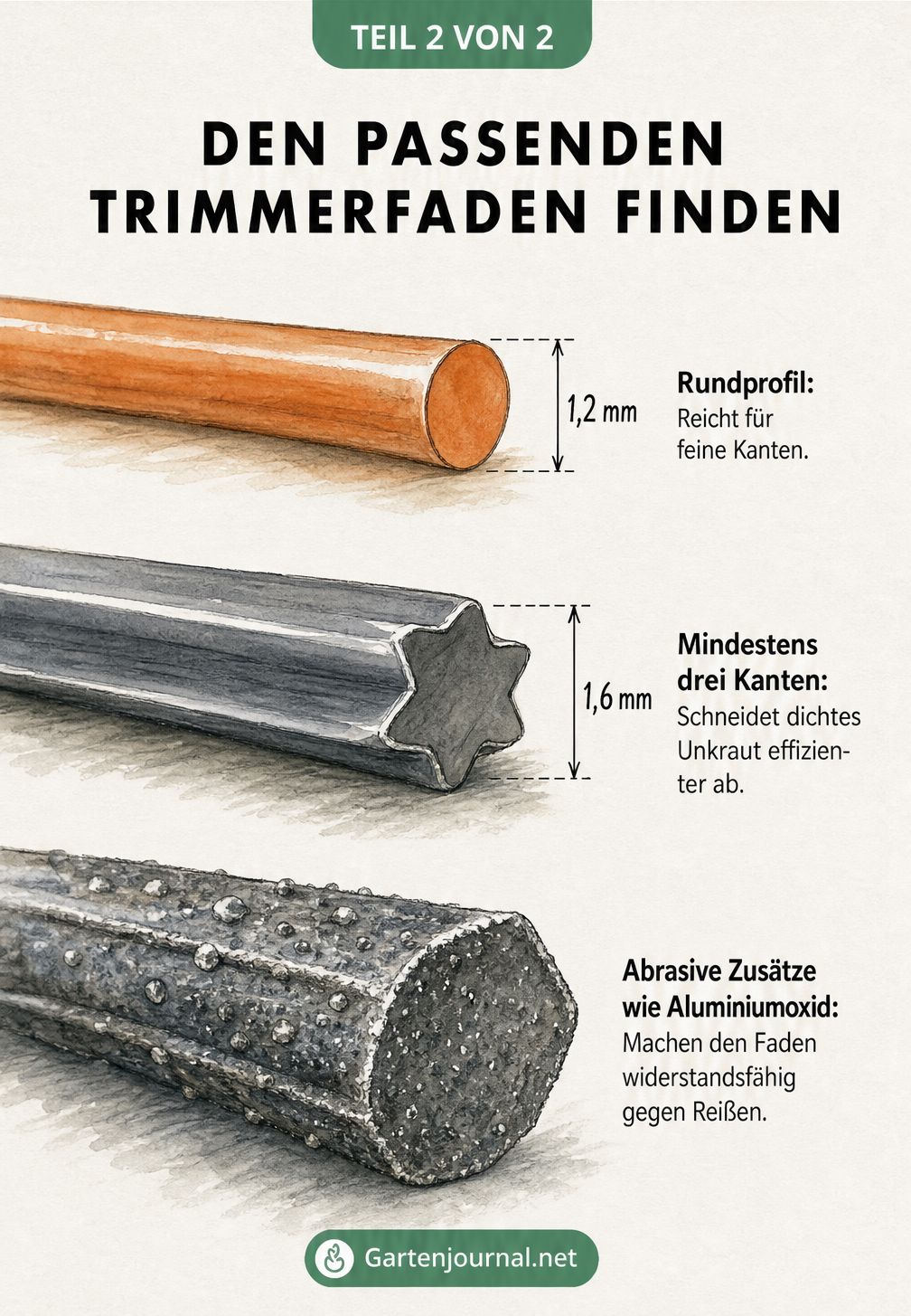 Querschnitte von drei Trimmerfäden: ein runder Faden für feine Kanten, ein sternförmiger Faden für dichtes Unkraut und ein Faden mit Aluminiumoxid-Zusätzen...