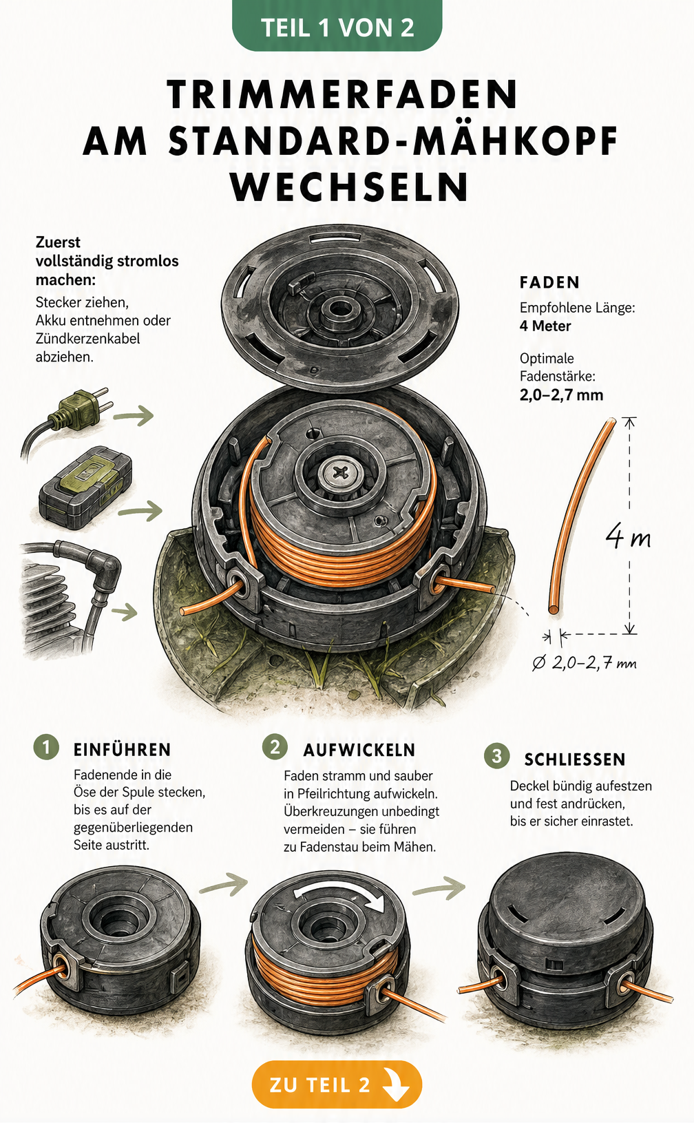 Illustration eines geöffneten Standard-Mähkopfs mit Anleitung zum Aufwickeln des Trimmerfadens