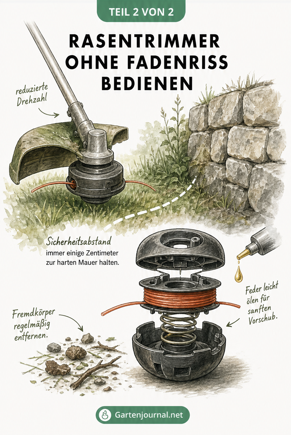 Illustration eines Rasentrimmers im Einsatz mit Sicherheitsabstand zur Mauer und Explosionszeichnung des Fadenkopfs