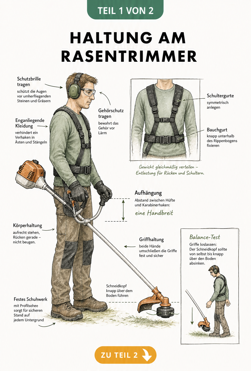 Illustration einer Person mit Rasentrimmer, die die korrekte Haltung und Gurteinstellung zeigt.
