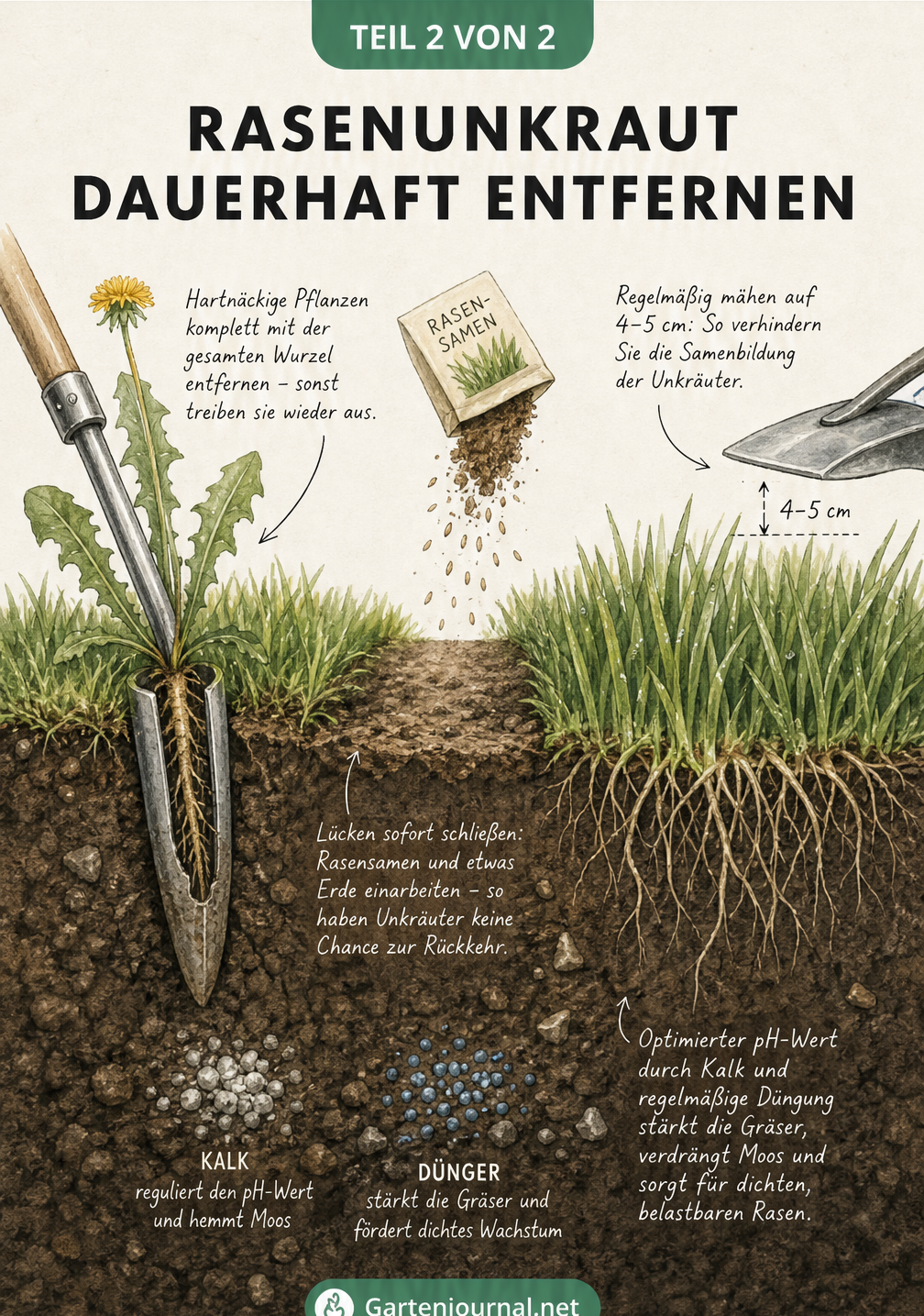 Querschnitt durch einen Rasen, der die Entfernung von tiefwurzelndem Unkraut, das Nachsäen von Lücken und die richtige Rasenpflege zeigt