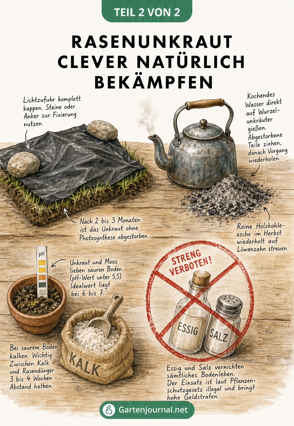 Garten-Stillleben mit schwarzer Folie, kochendem Wasser, pH-Teststreifen und durchgestrichenem Essig zur natürlichen Unkrautbekämpfung