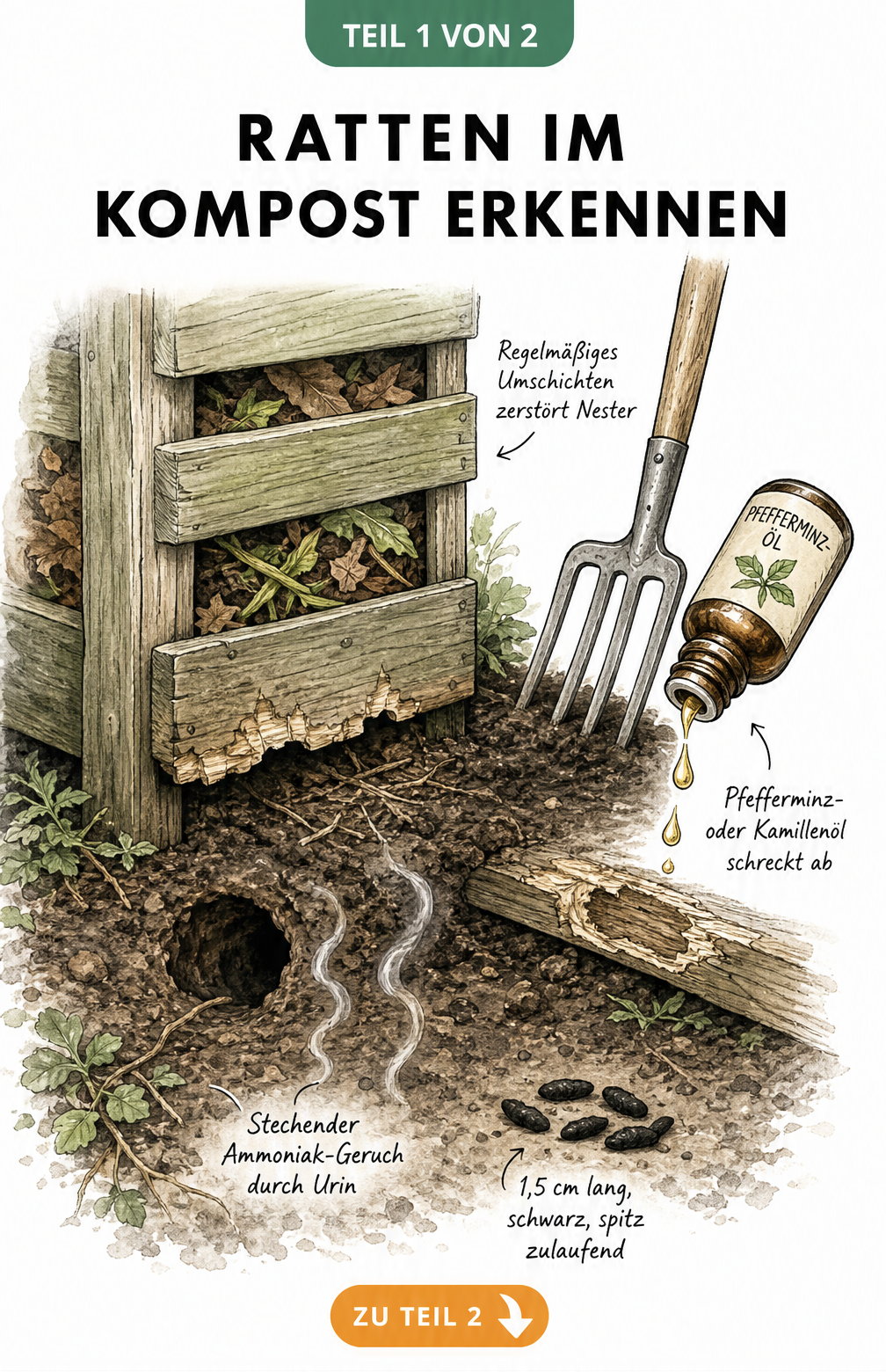Handgezeichnete Illustration eines Holzkomposters mit Rattenkot, Erdloch und Fraßspuren sowie Tipps zur Bekämpfung mit Grabegabel und Pfefferminzöl