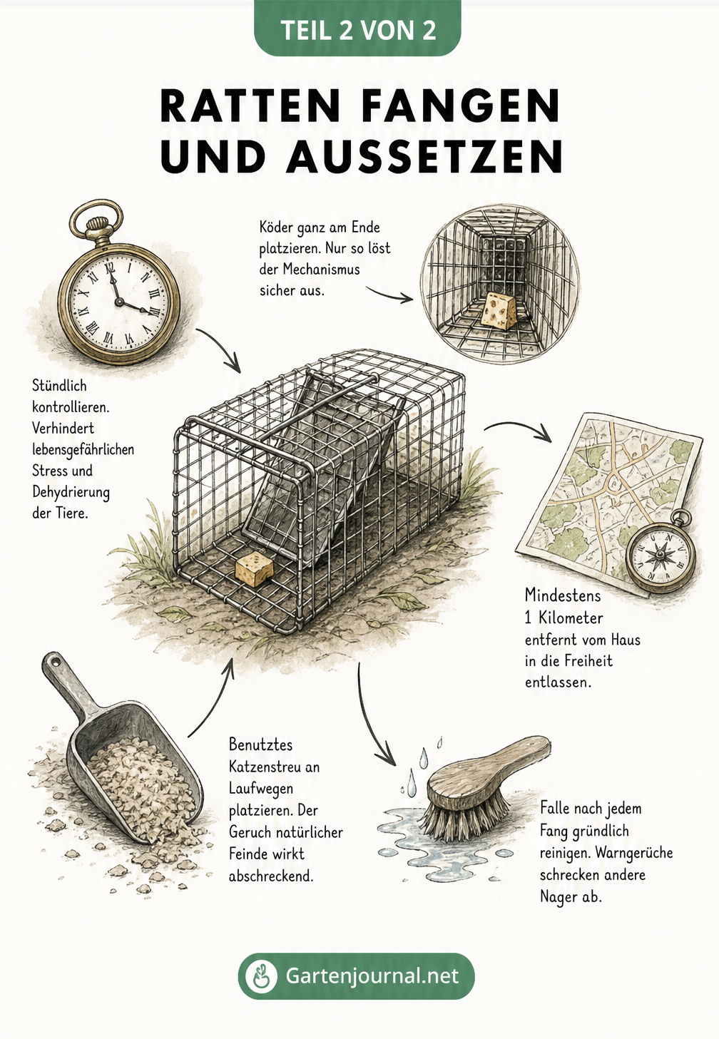 Skizze einer Lebendfalle für Ratten mit Hinweisen zum richtigen Köder, stündlicher Kontrolle und dem Aussetzen in mindestens einem Kilometer Entfernung