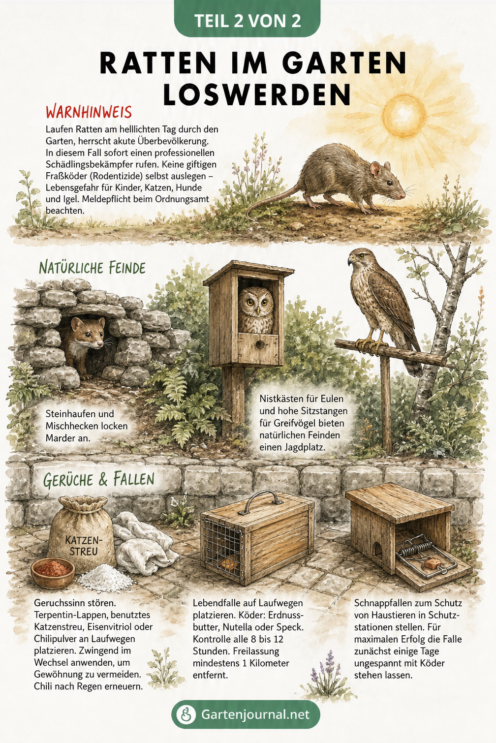Illustration zur Rattenbekämpfung im Garten mit Gerüchen, Lebendfallen, Schnappfallen und natürlichen Feinden wie Eulen und Mardern
