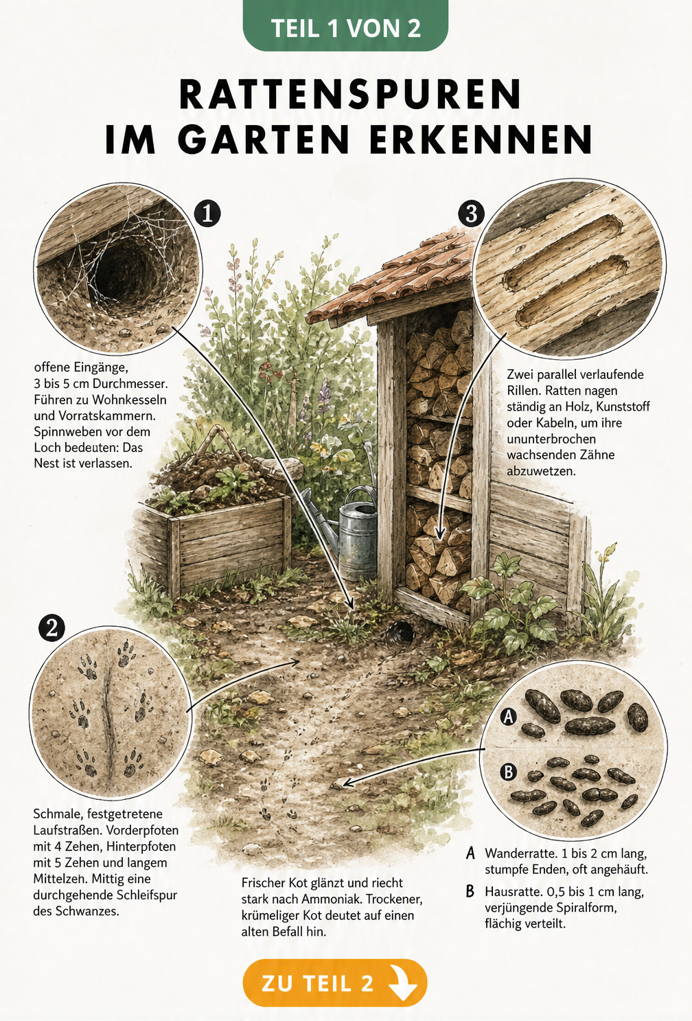 Illustration von Rattenspuren im Garten wie Erdlöcher, Trittsiegel, Fraßspuren an Holz und Rattenkot im Vergleich