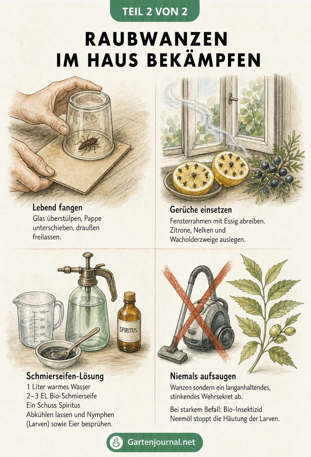 Illustration verschiedener Methoden zur Bekämpfung von Raubwanzen im Haus, wie Lebendfang, Gerüche und Schmierseifen-Lösung