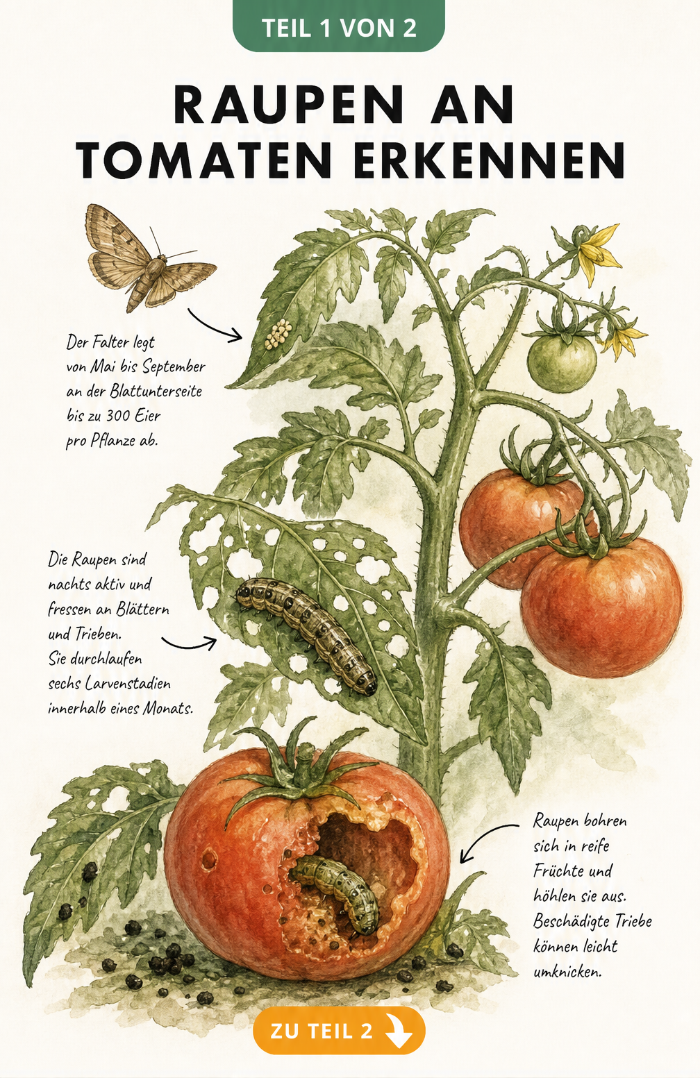 Botanische Illustration eines Tomatenzweigs mit Raupen der Gemüseeule, Fraßspuren an Blättern und einer ausgehöhlten Tomate